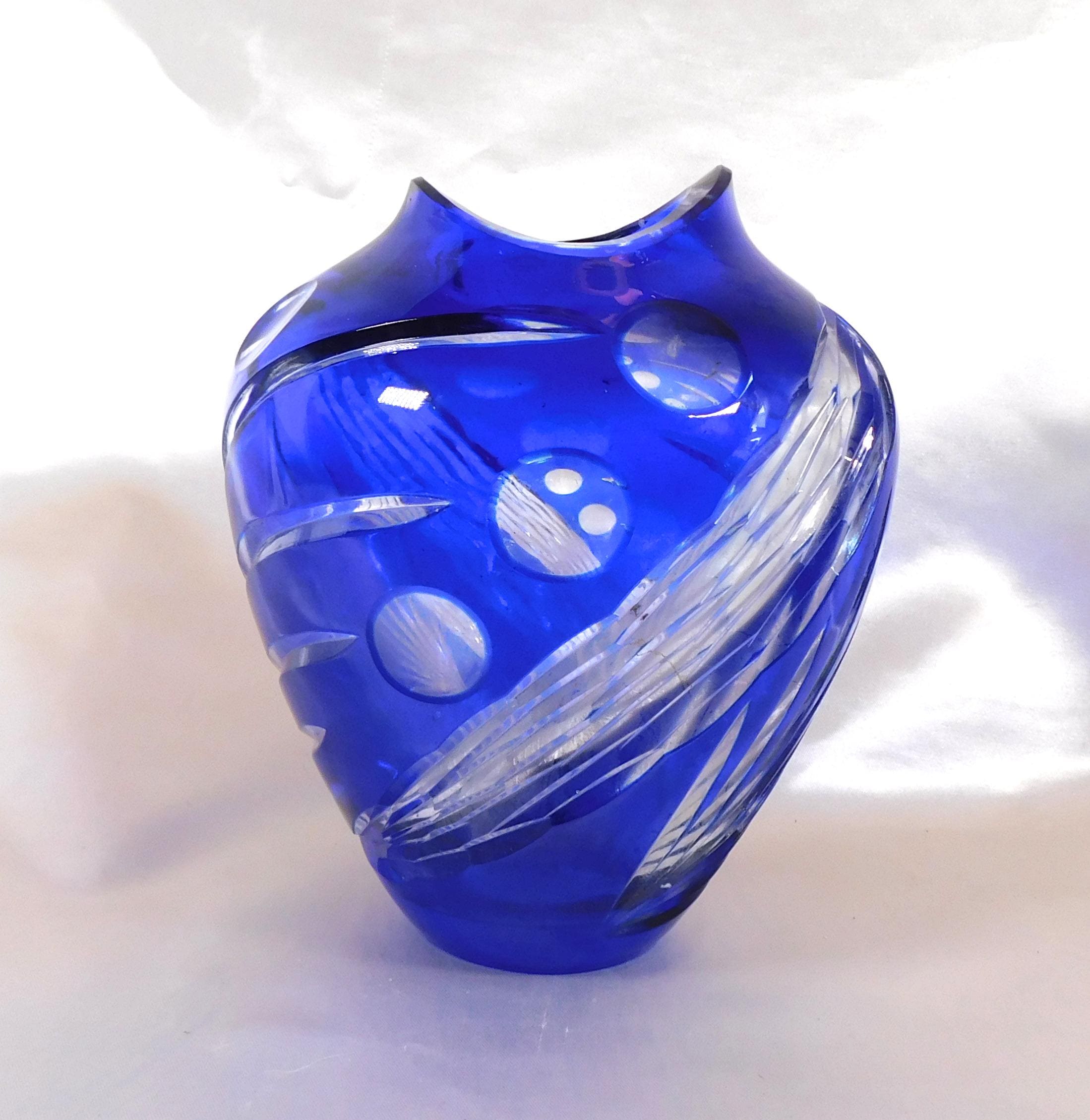 Blue Cut to Clear Art Glass Vase with Unusual Rim Design # 25808