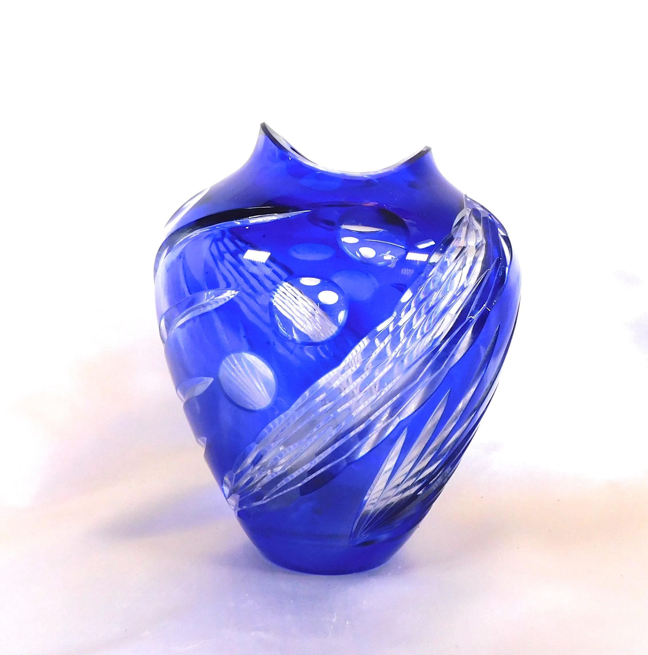 Blue Cut to Clear Art Glass Vase with Unusual Rim Design # 25808