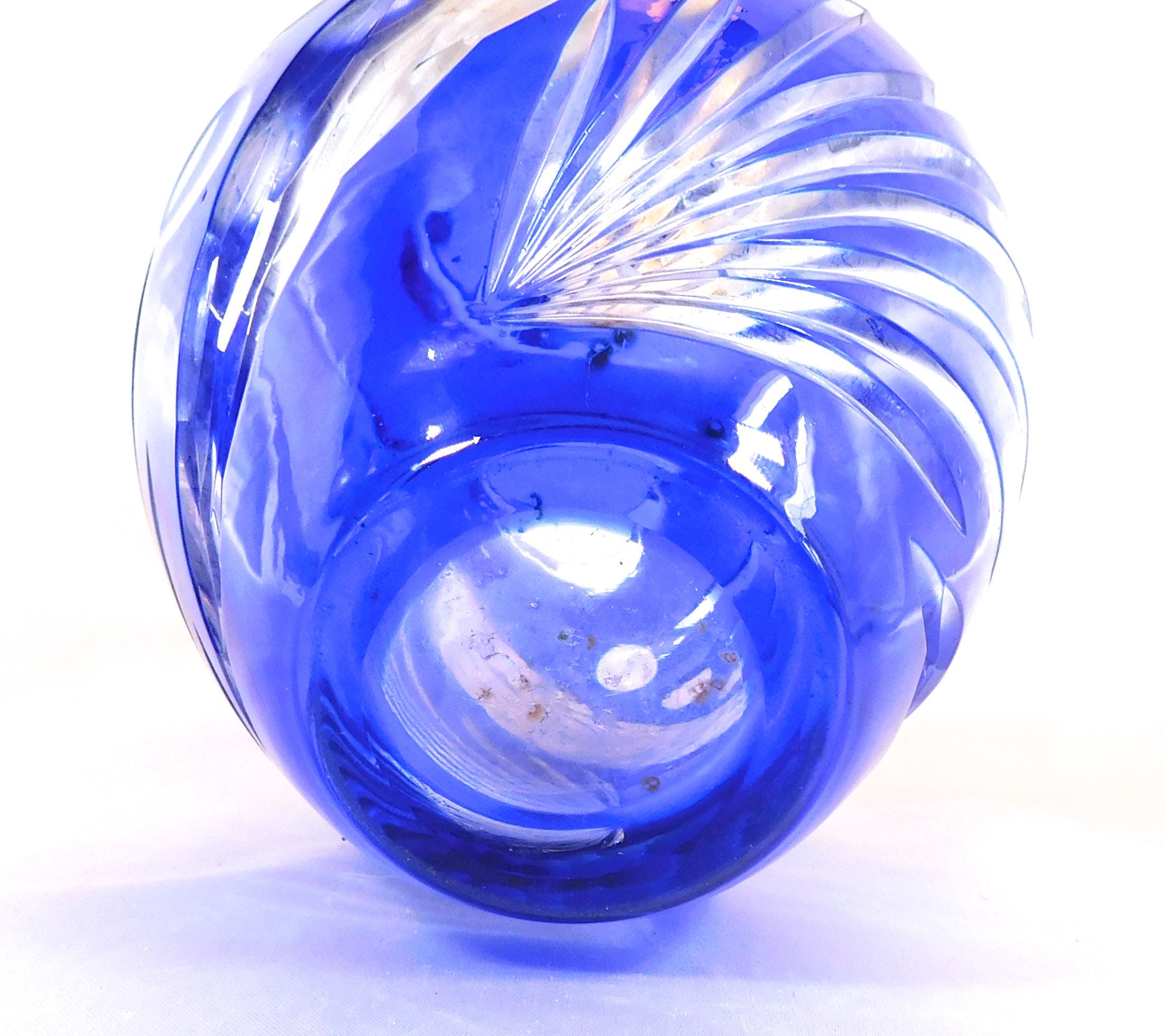 Blue Cut to Clear Art Glass Vase with Unusual Rim Design # 25808