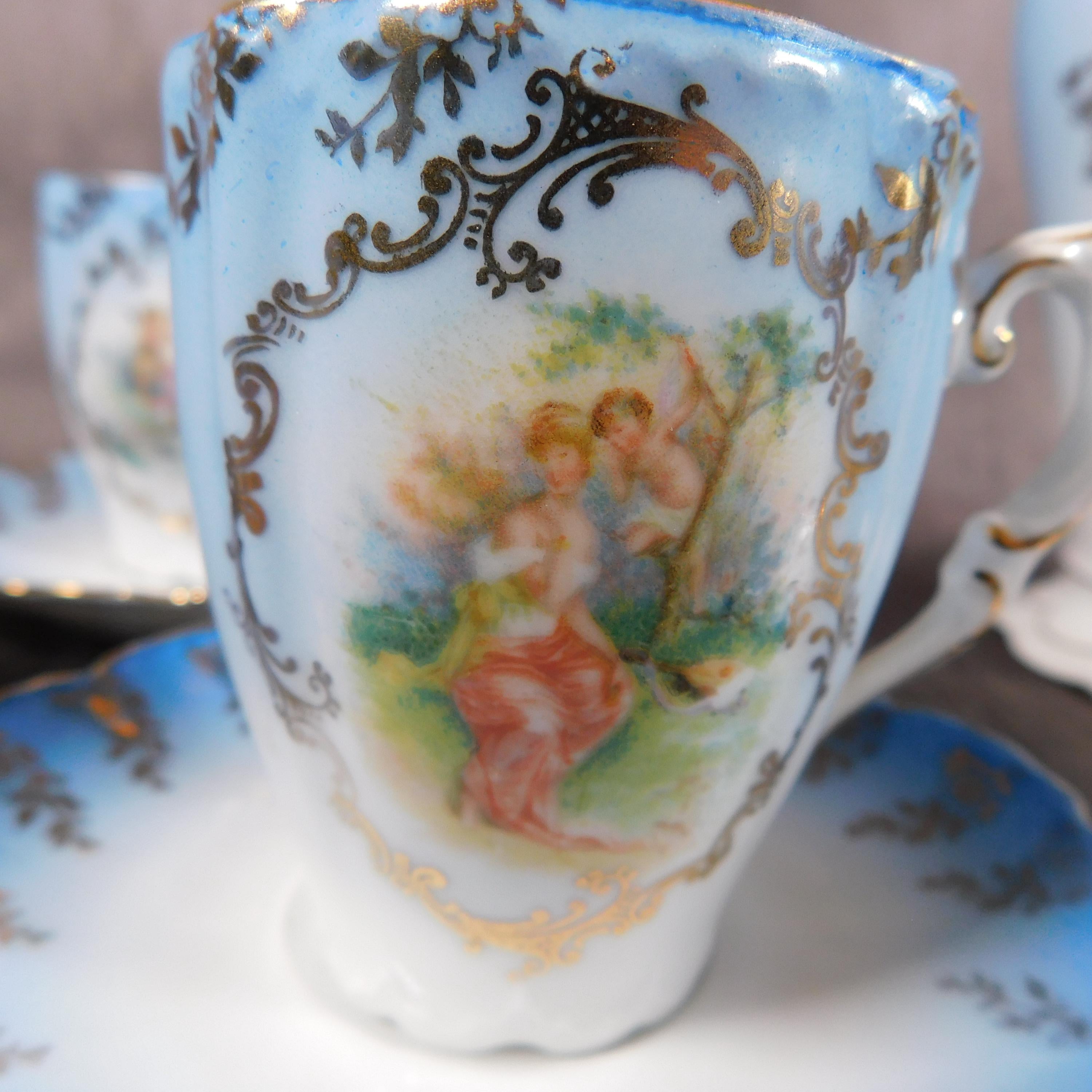 Blue and White Angel Design Chocolate Pot Set with Cups   # 25910