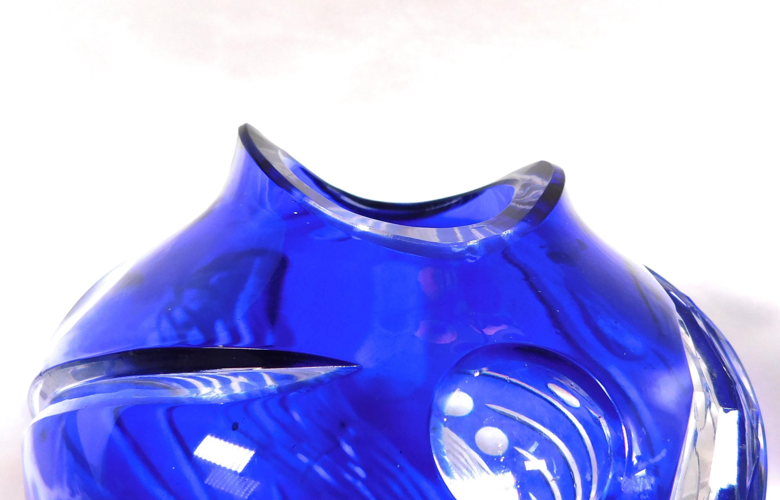Blue Cut to Clear Art Glass Vase with Unusual Rim Design # 25808