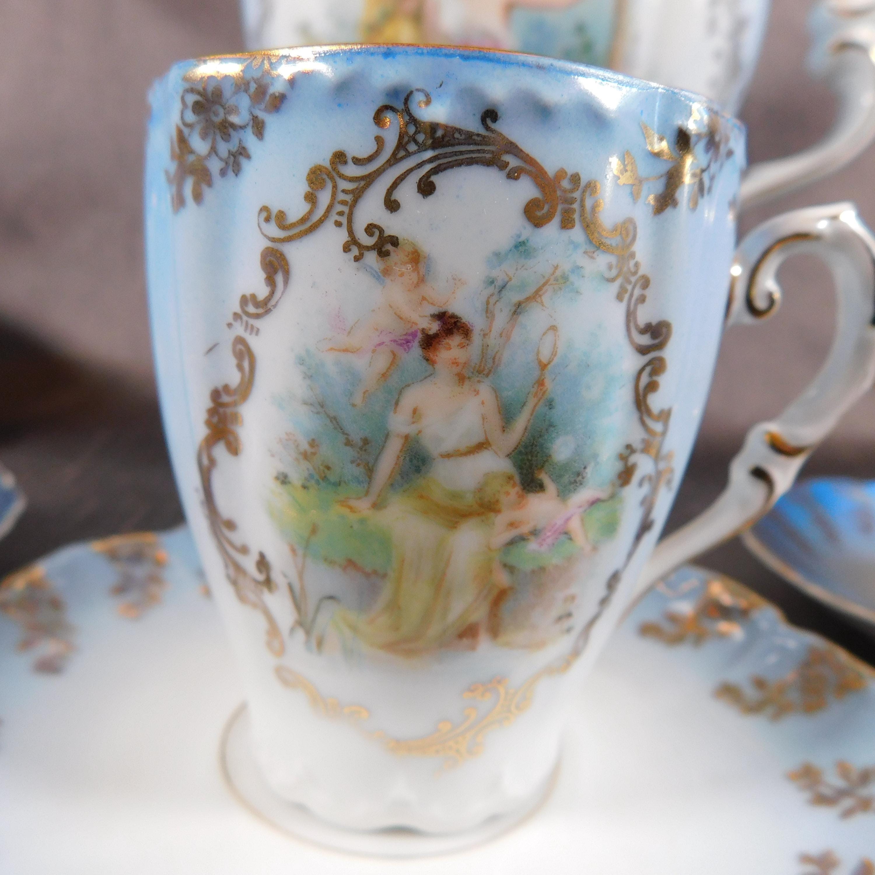 Blue and White Angel Design Chocolate Pot Set with Cups   # 25910
