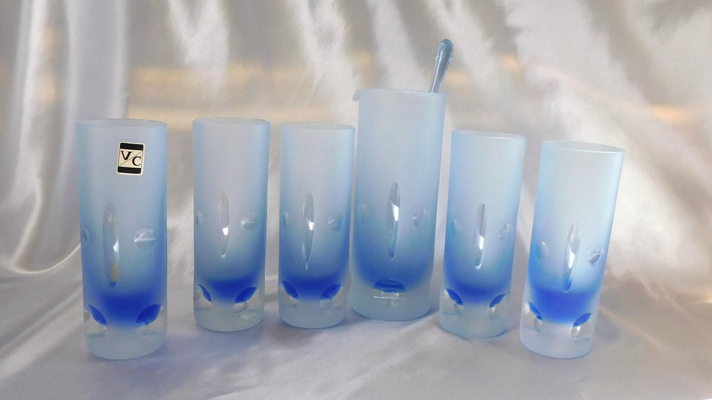 Blue Cut to Clear Bar Ware Set with Serving Pitcher and Five Glasses # 25316