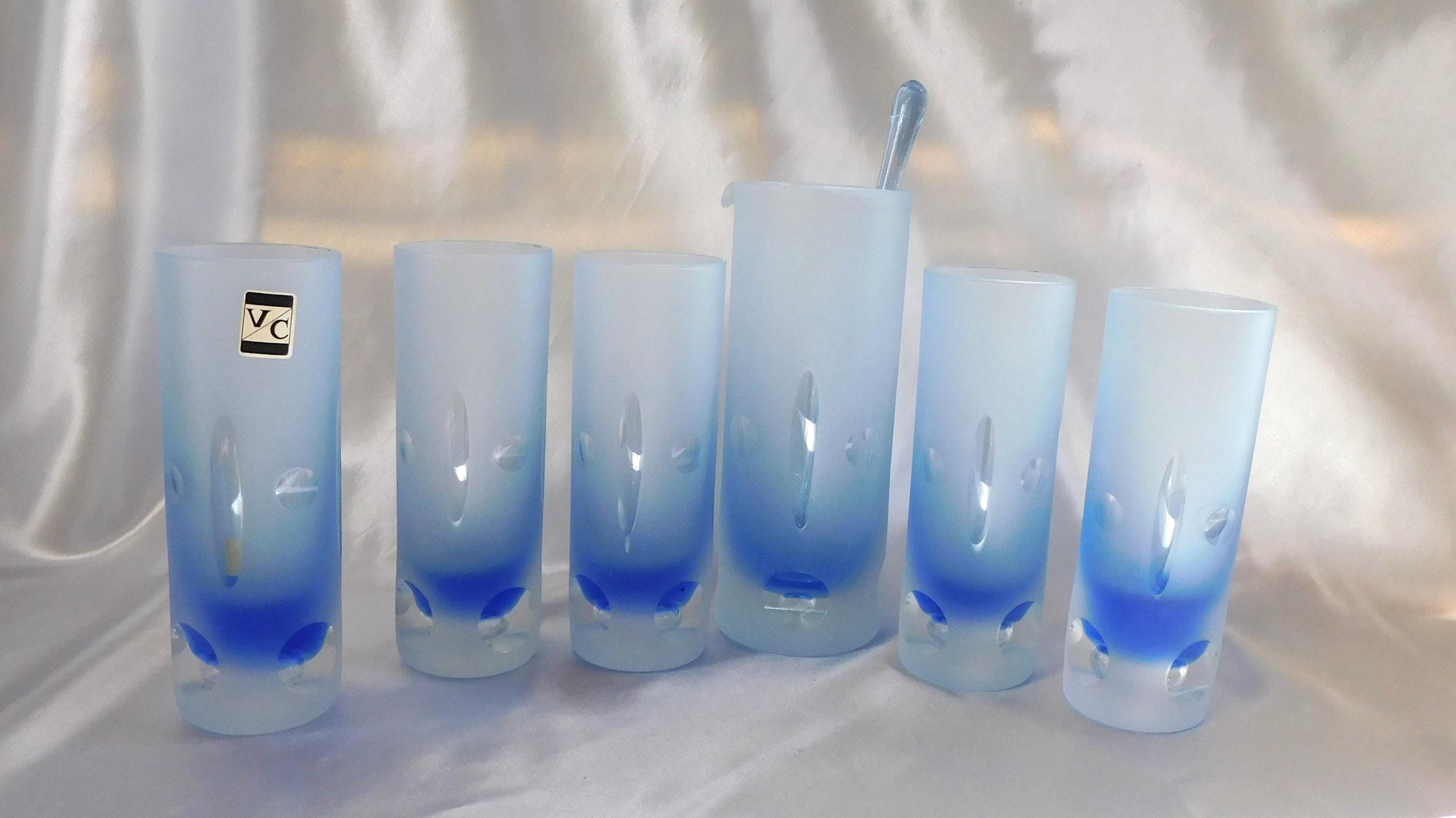 Blue Cut to Clear Bar Ware Set with Serving Pitcher and Five Glasses # 25316