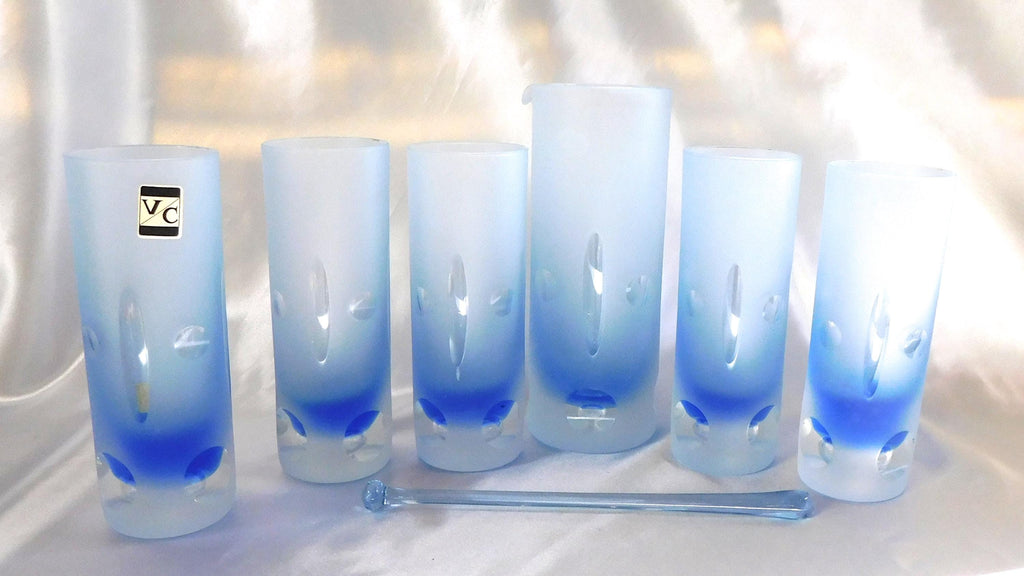 Blue Cut to Clear Bar Ware Set with Serving Pitcher and Five Glasses # 25316