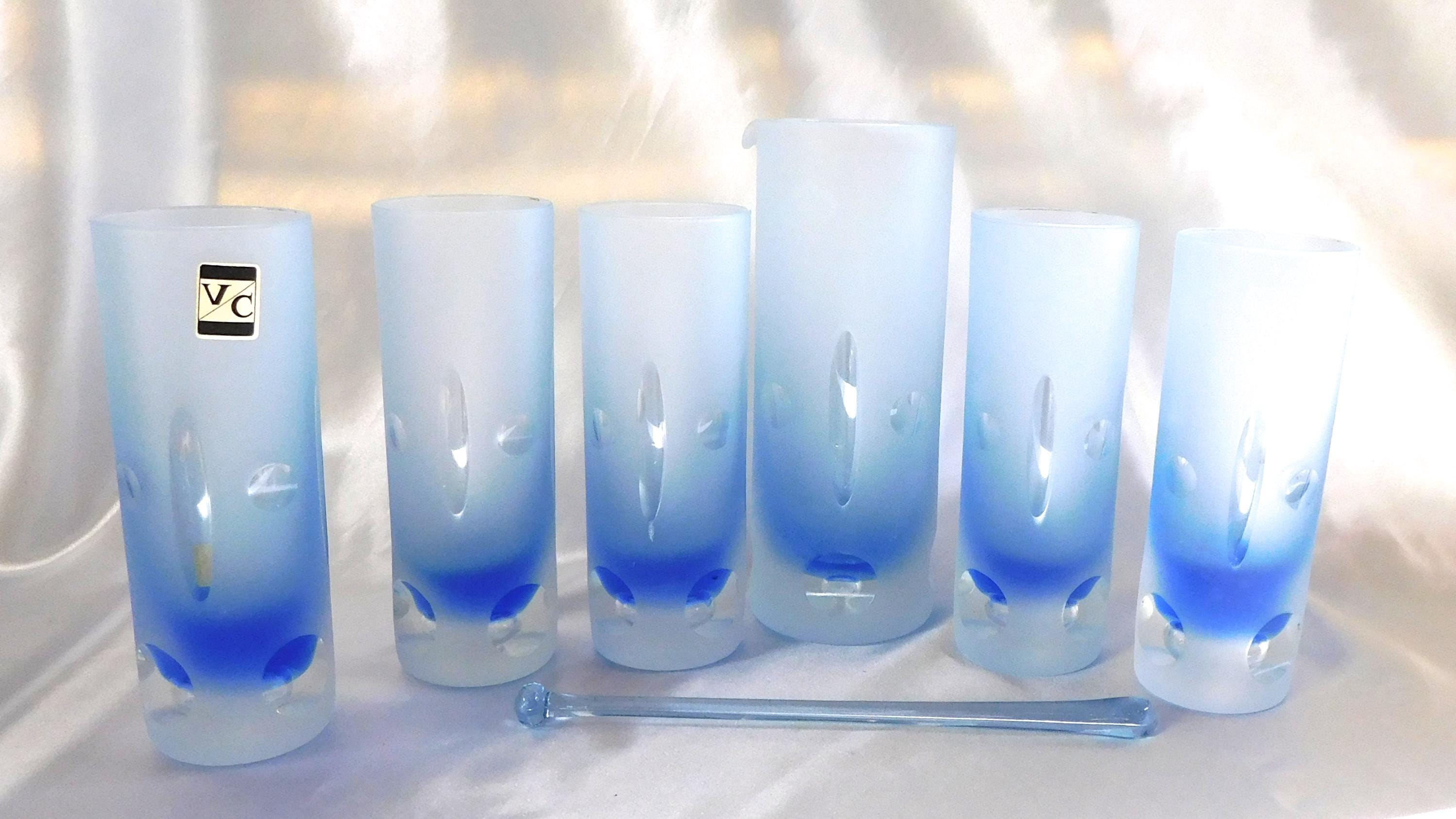 Blue Cut to Clear Bar Ware Set with Serving Pitcher and Five Glasses # 25316
