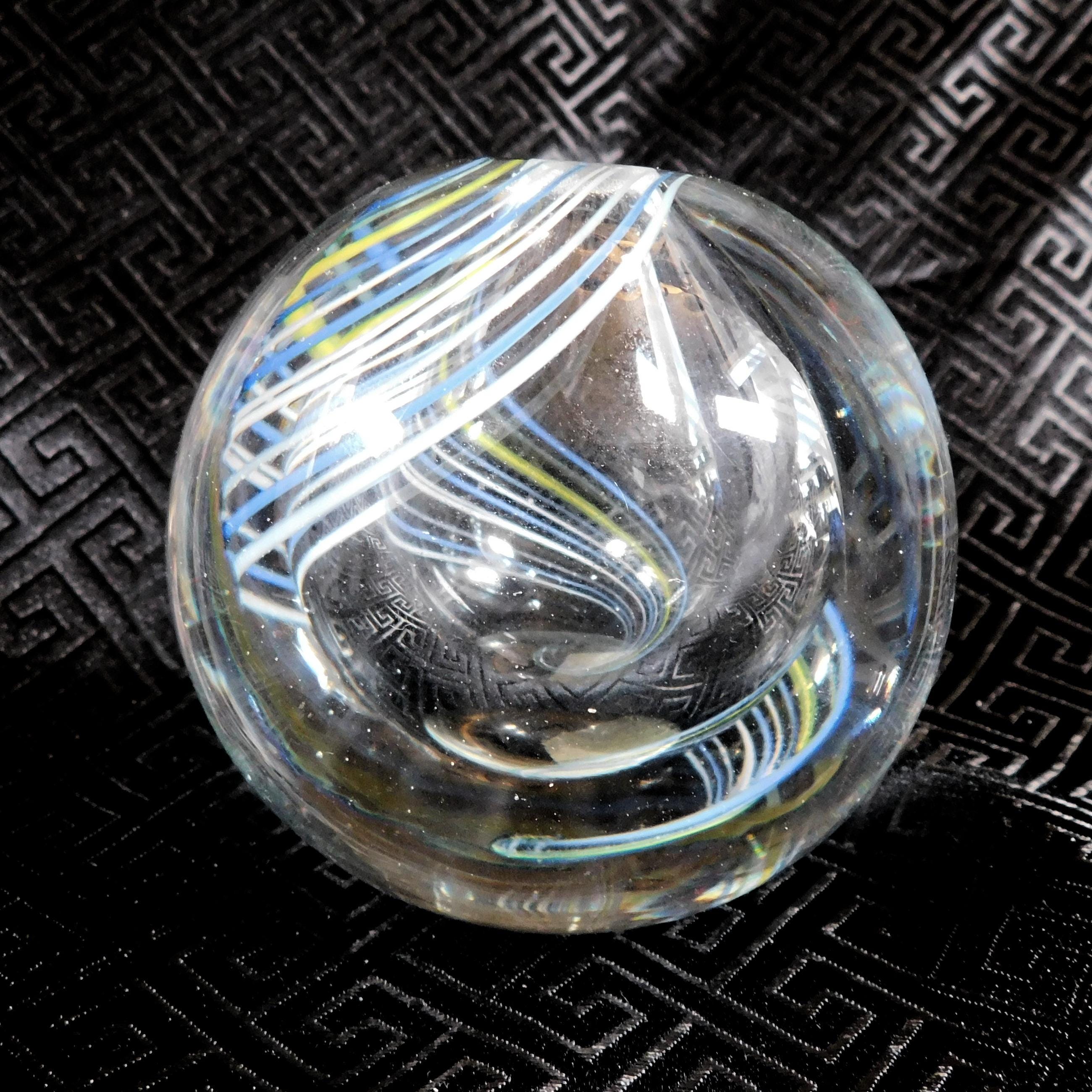 Clear Round Perfume Bottle with Blue and Yellow Lines # 26079