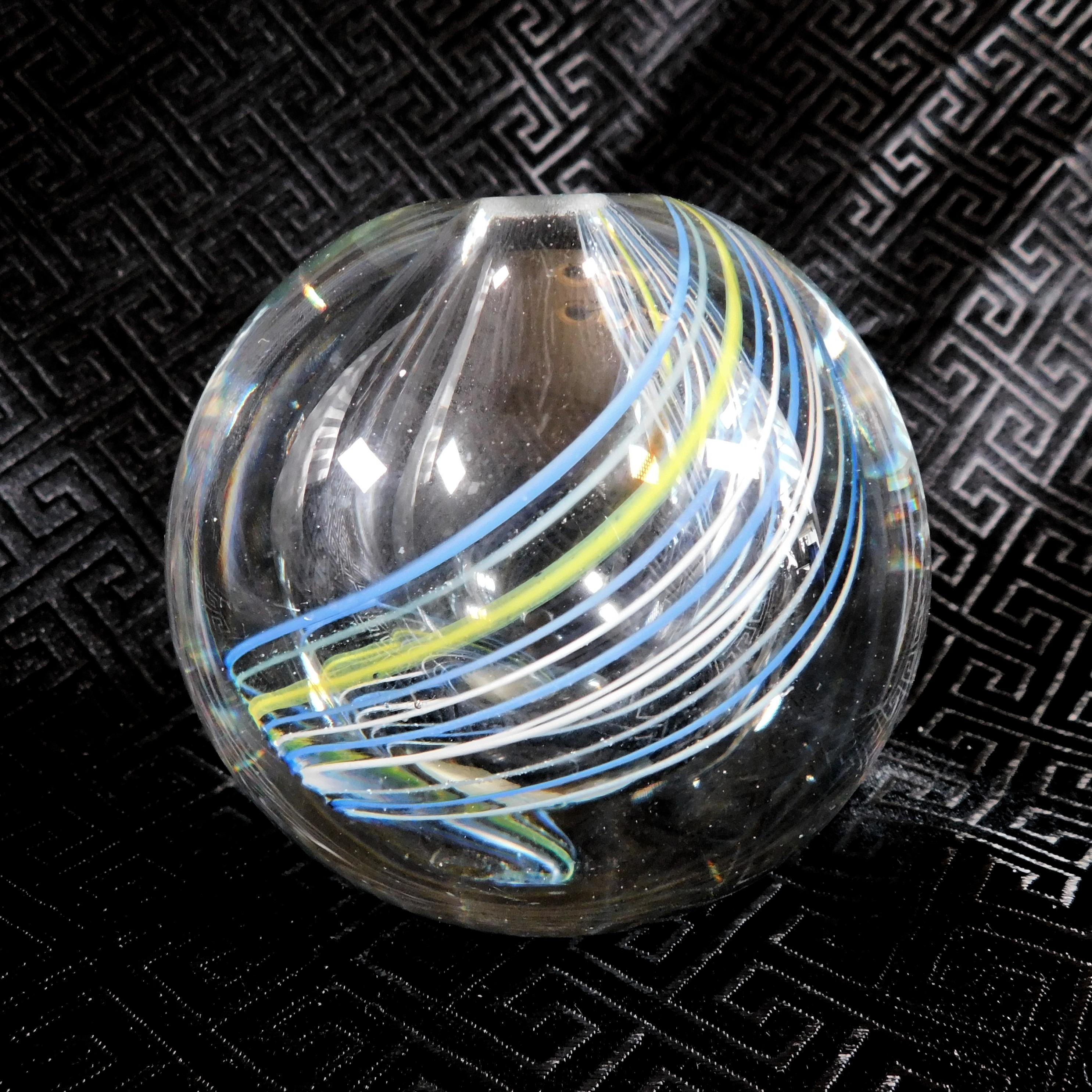 Clear Round Perfume Bottle with Blue and Yellow Lines # 26079