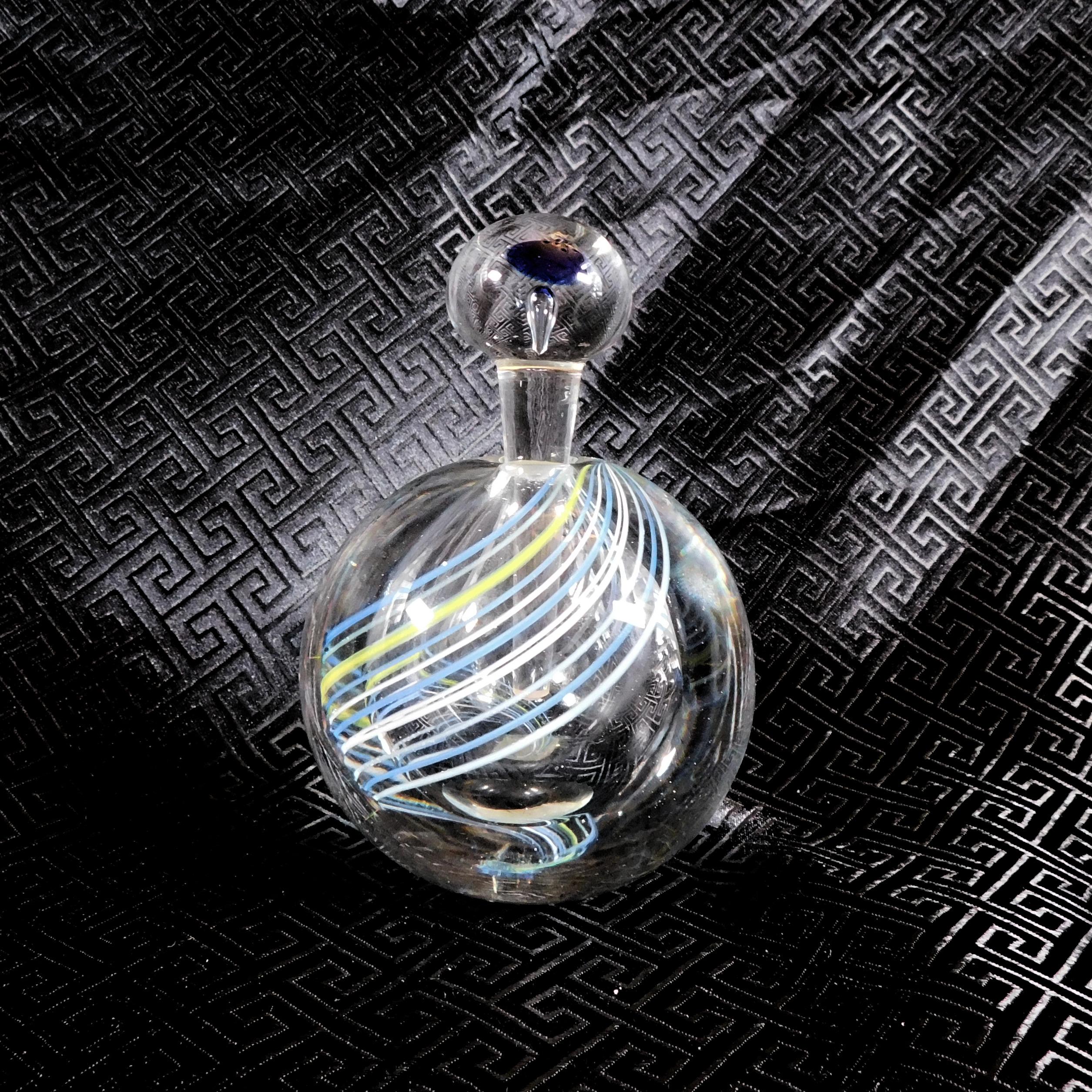 Clear Round Perfume Bottle with Blue and Yellow Lines # 26079