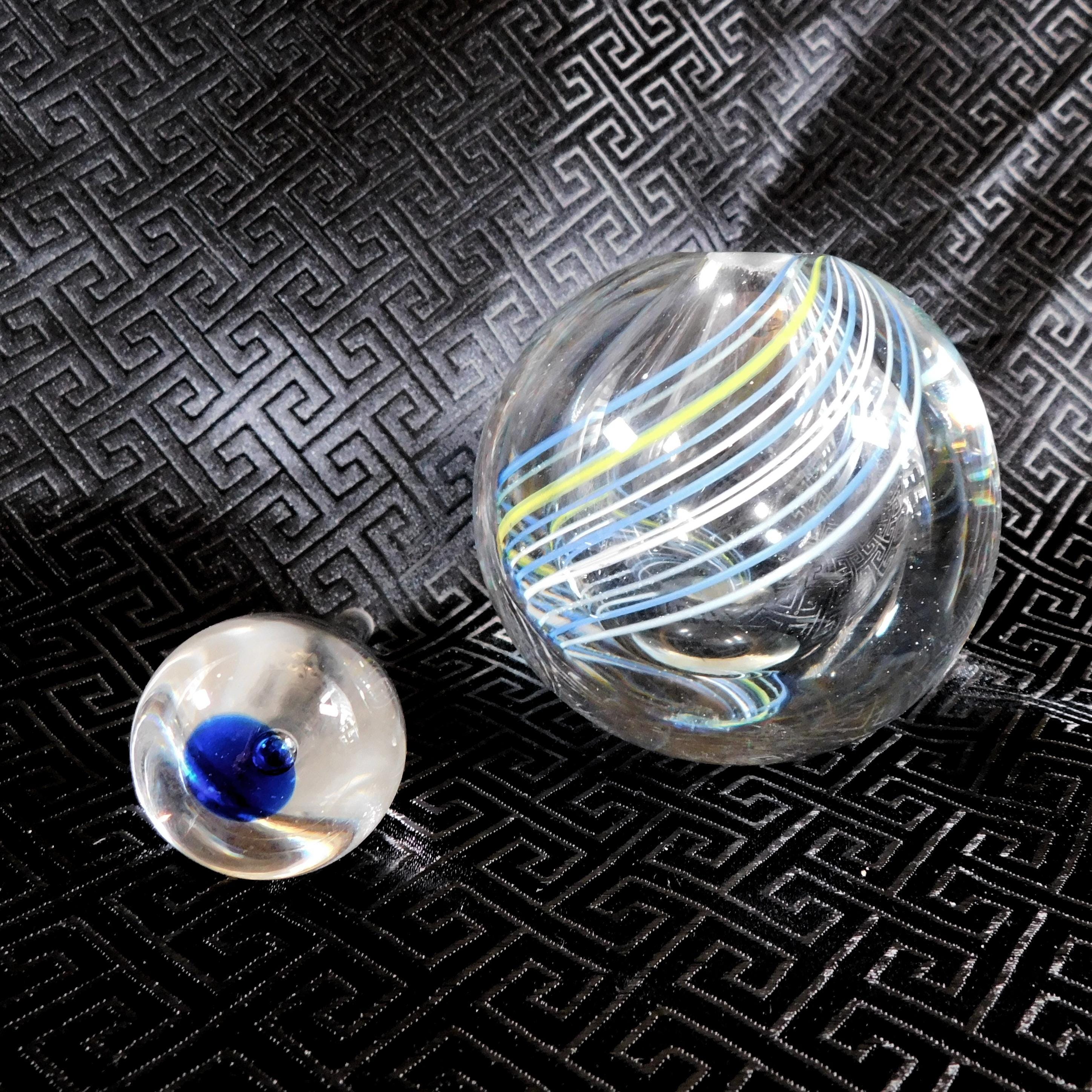 Clear Round Perfume Bottle with Blue and Yellow Lines # 26079
