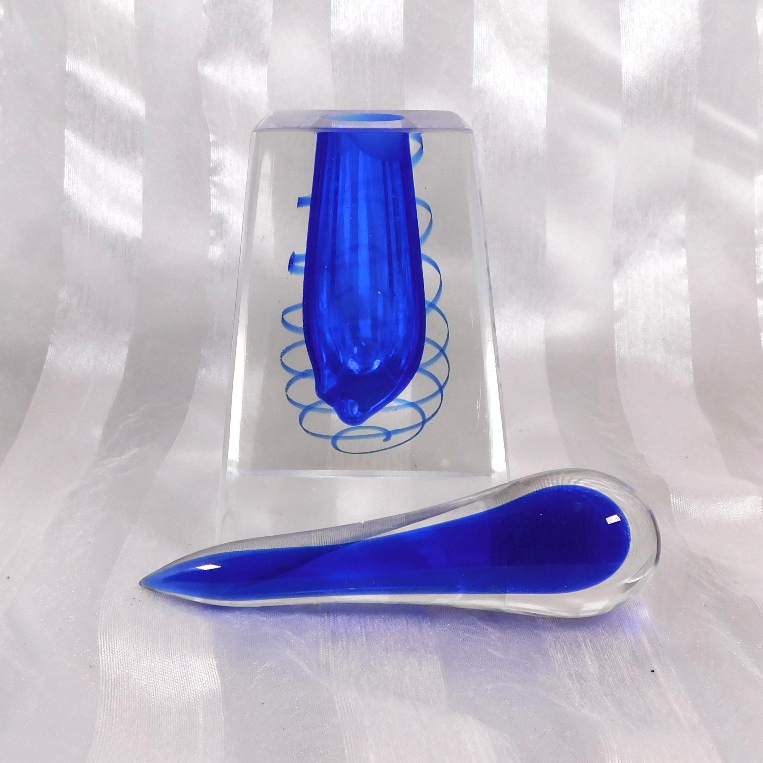 Blue Art Glass Perfume Bottle with Blue Swirl and Matching Stopper # 26417