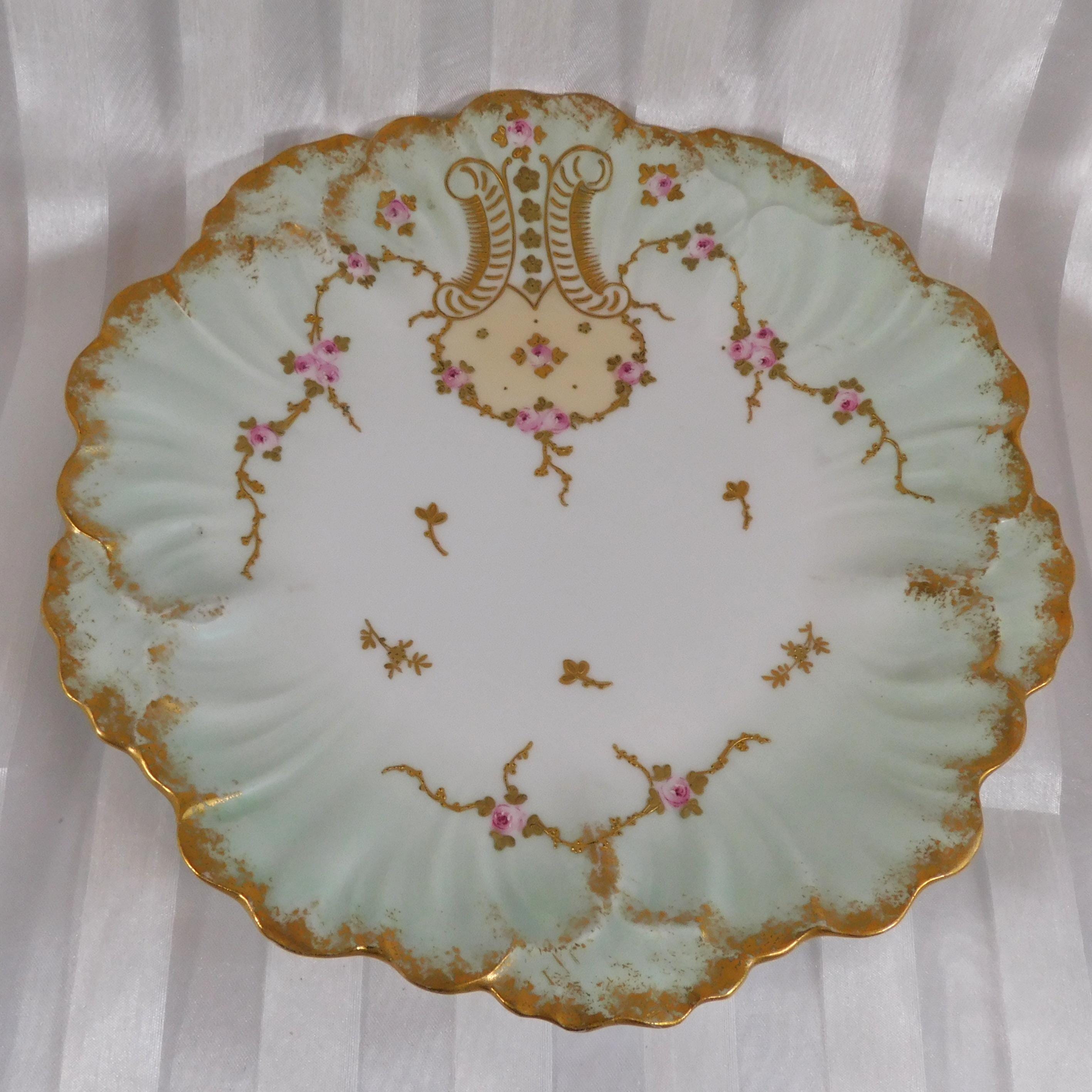 Antique Klingenberg and Dwenger Green Plate with Raised Gold Trim # 26092