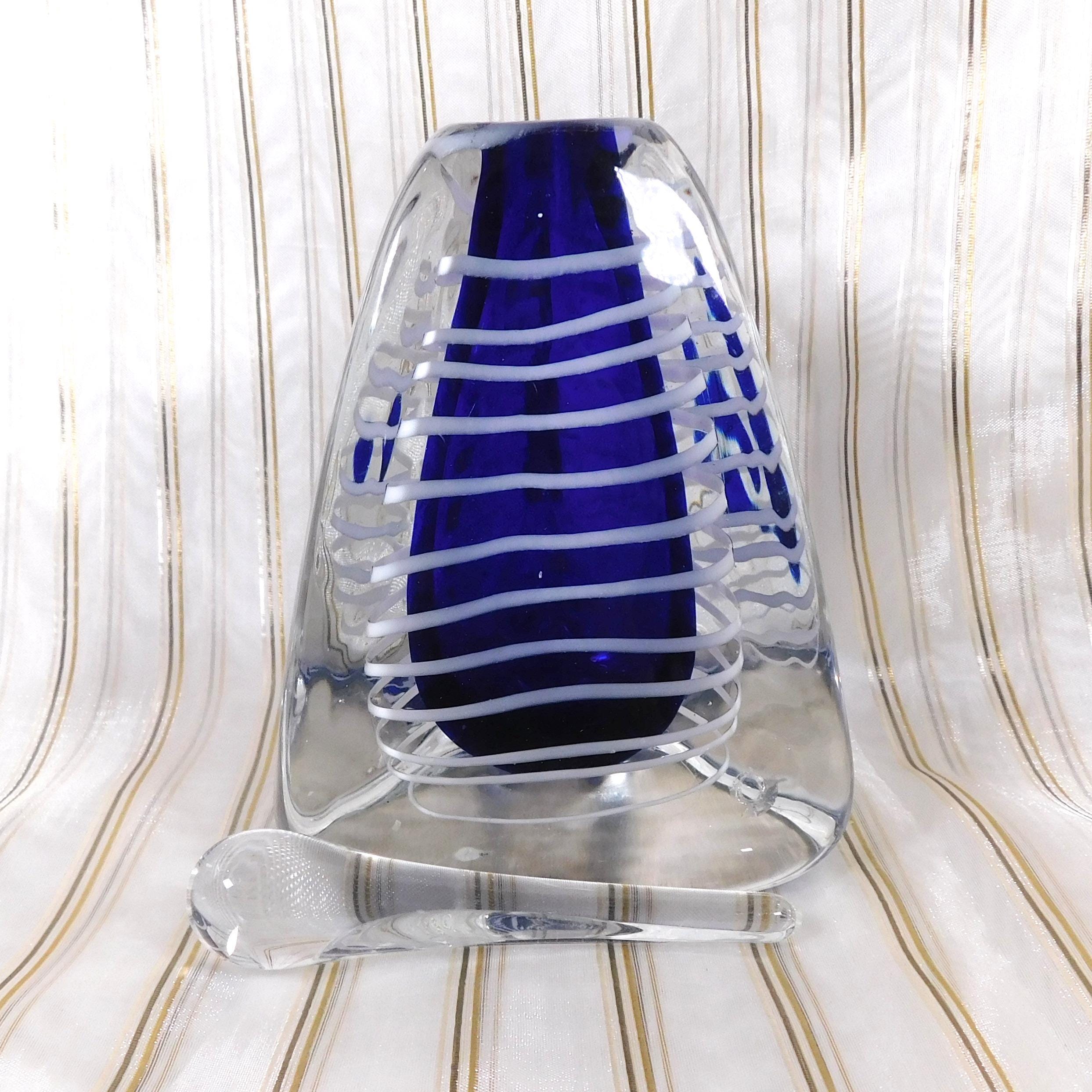 Blue Art Glass Perfume Bottle with White Stripes # 26649