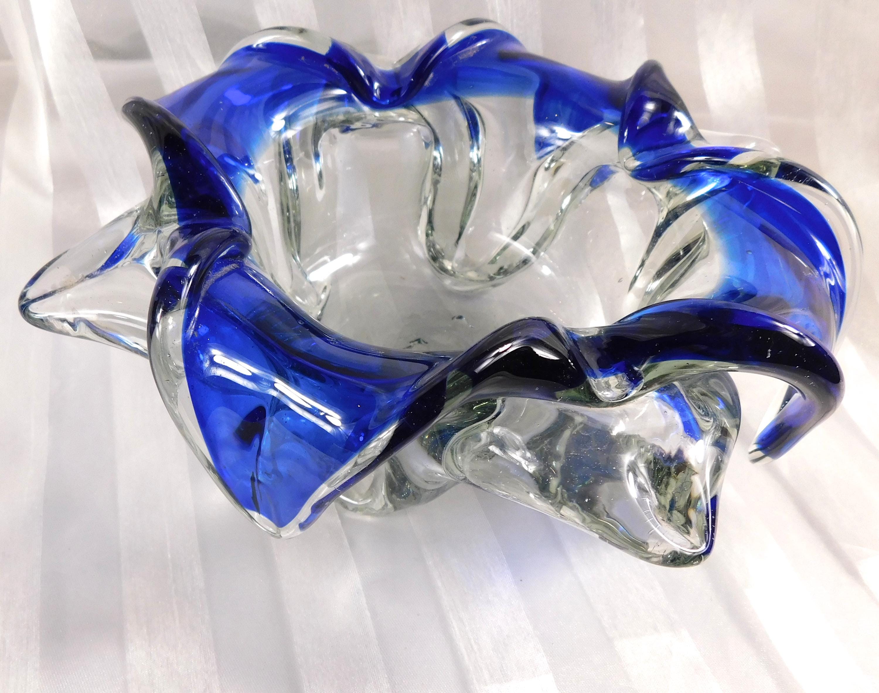 Clear Glass Footed Candy Dish with Folded Blue Rim # 26804