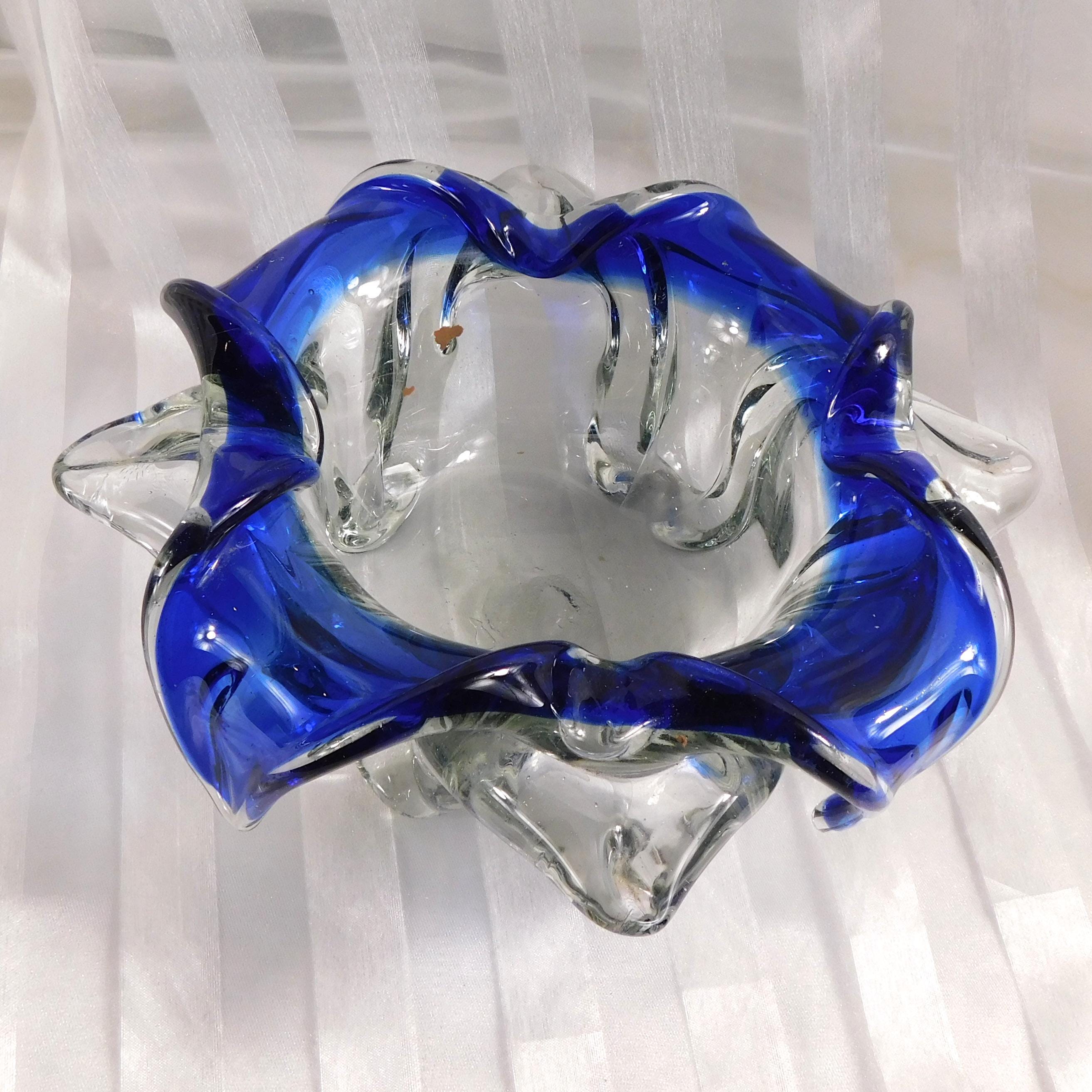 Clear Glass Footed Candy Dish with Folded Blue Rim # 26804