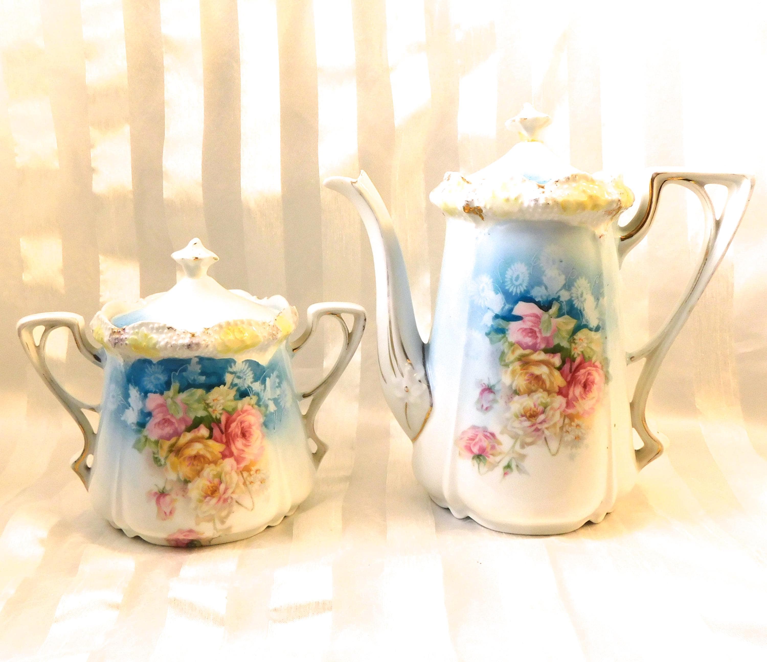 Blue Floral Reinhold Schlegelmilch Sugar Bowl and Creamer # 26890