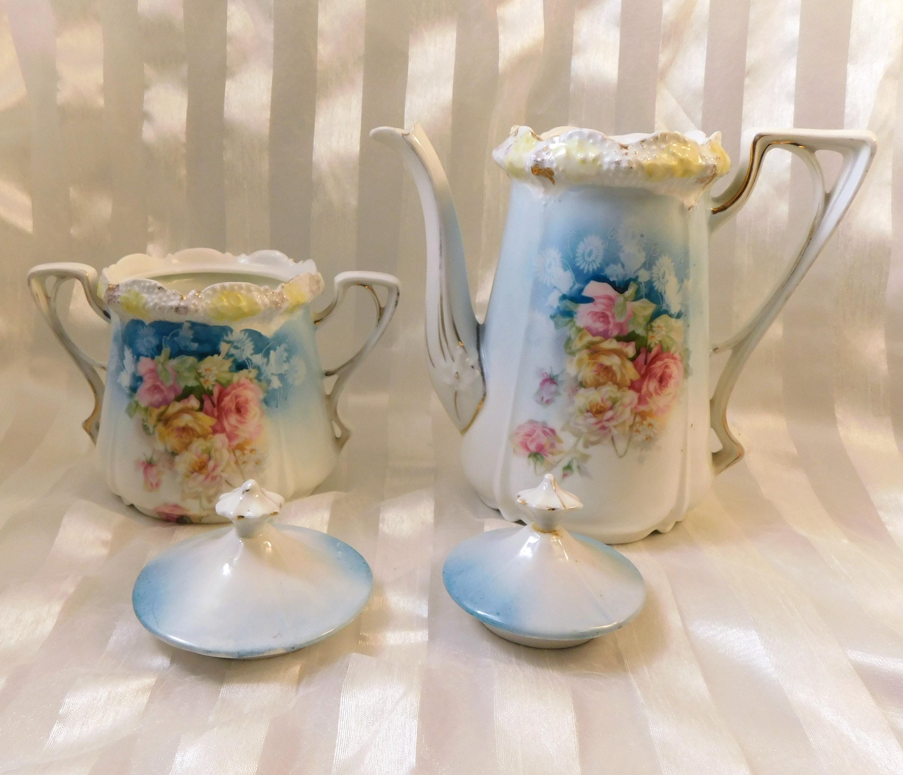 Blue Floral Reinhold Schlegelmilch Sugar Bowl and Creamer # 26890