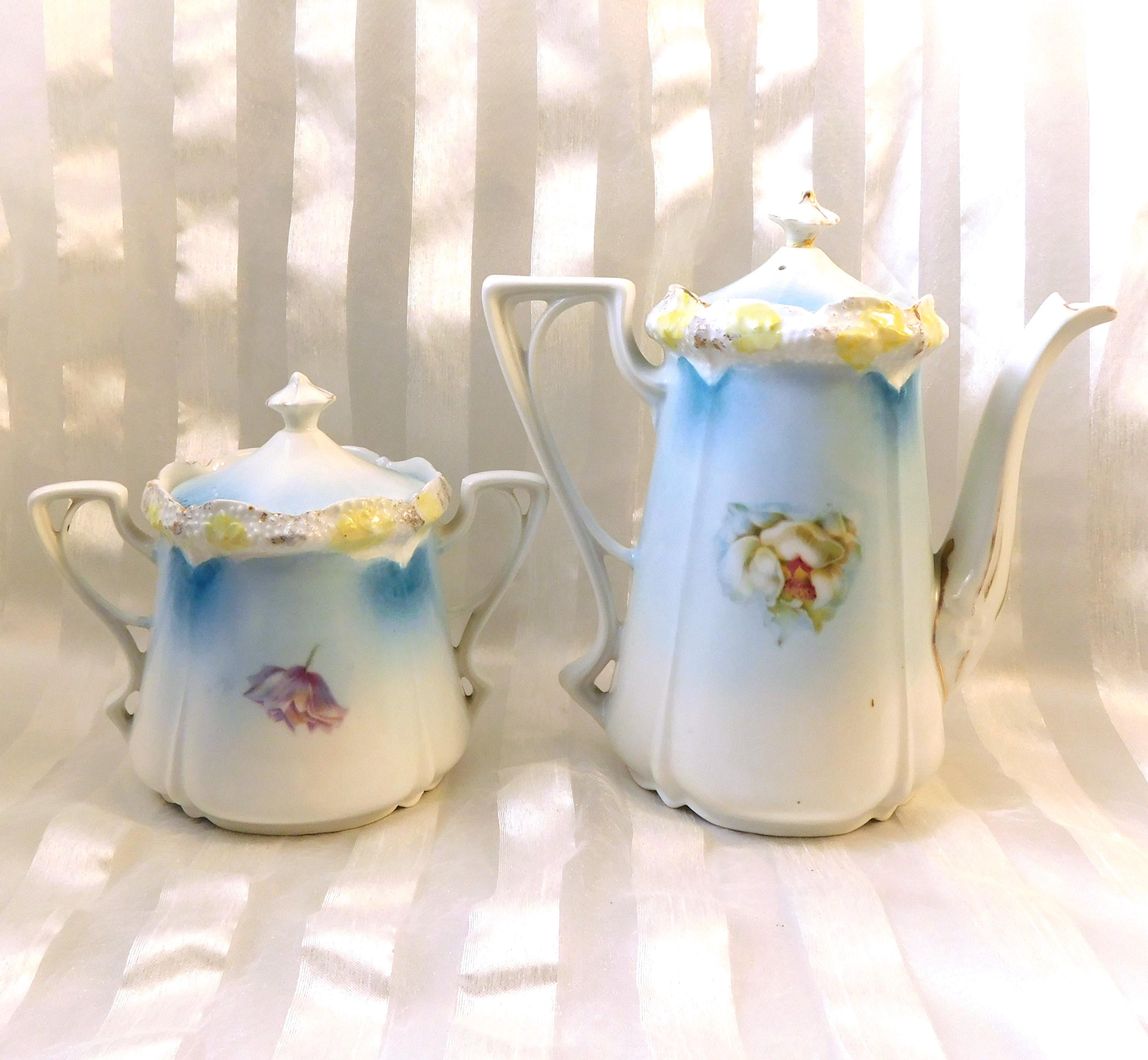 Blue Floral Reinhold Schlegelmilch Sugar Bowl and Creamer # 26890