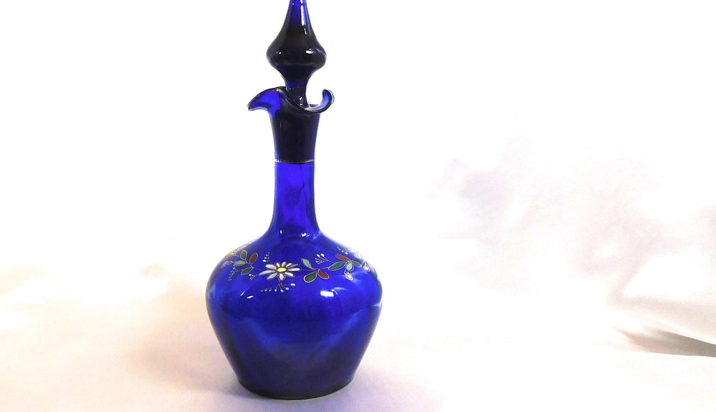 Blue Glass Bottle with  Flowers # 25169