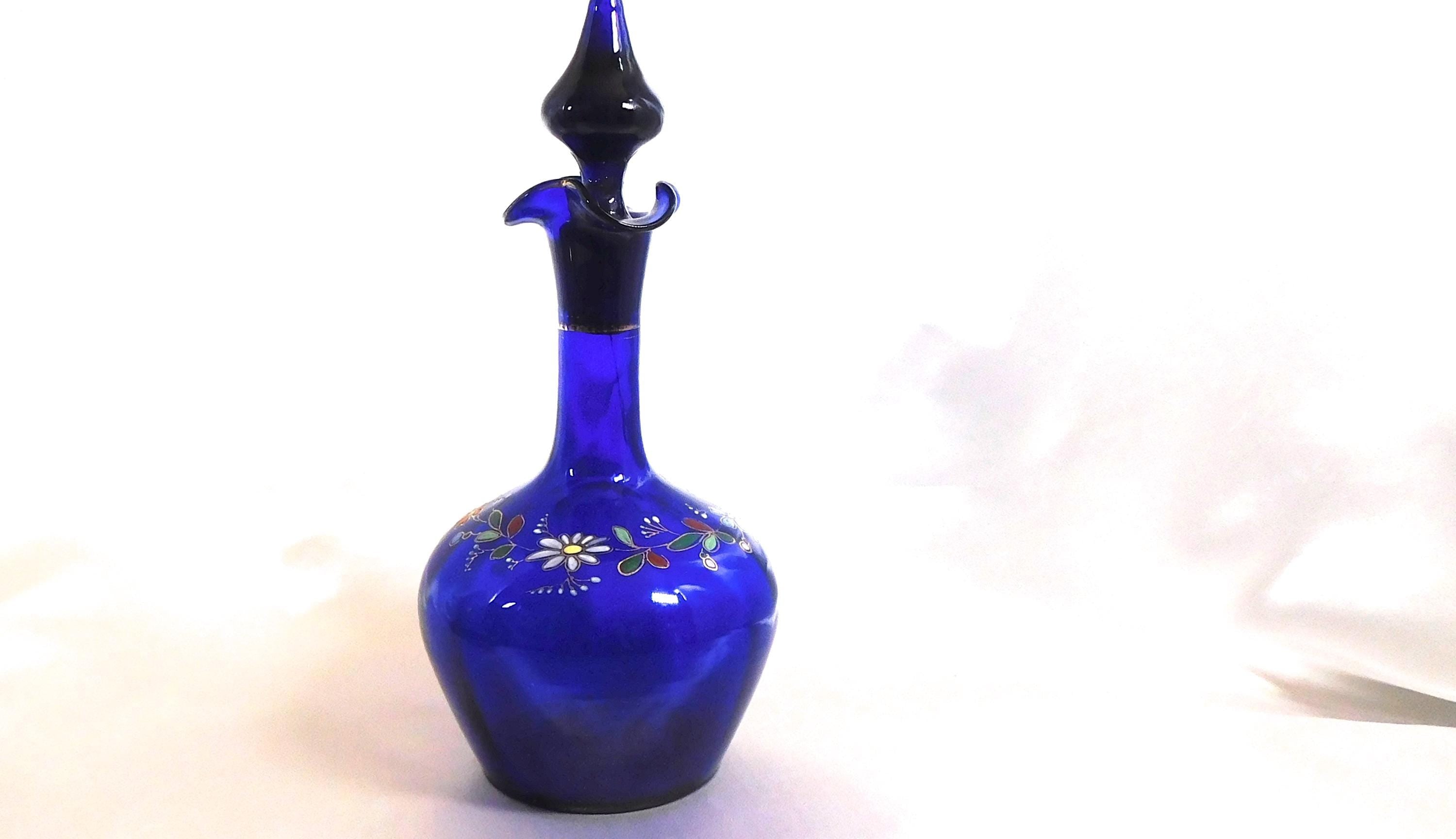 Blue Glass Bottle with  Flowers # 25169