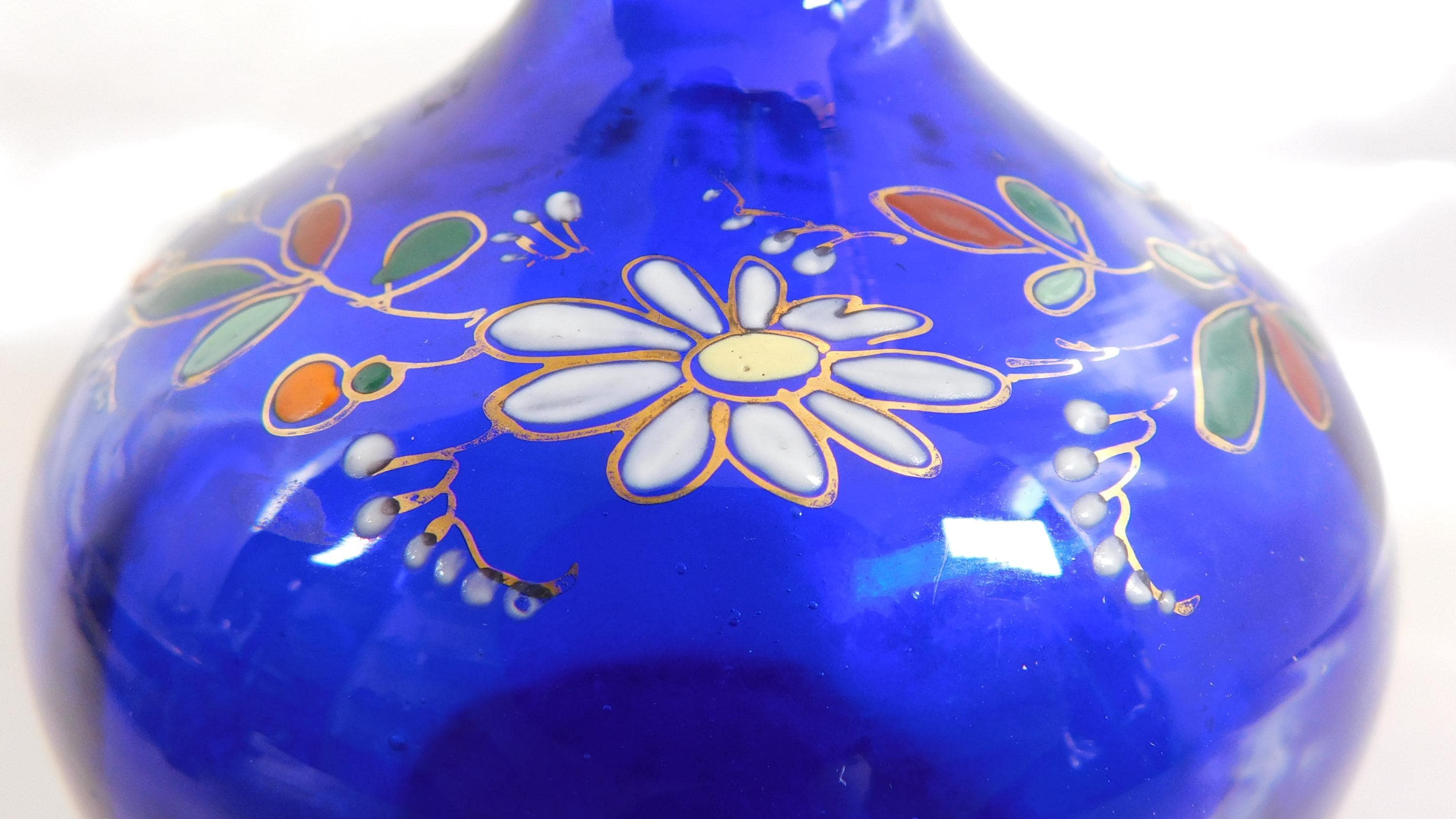 Blue Glass Bottle with  Flowers # 25169
