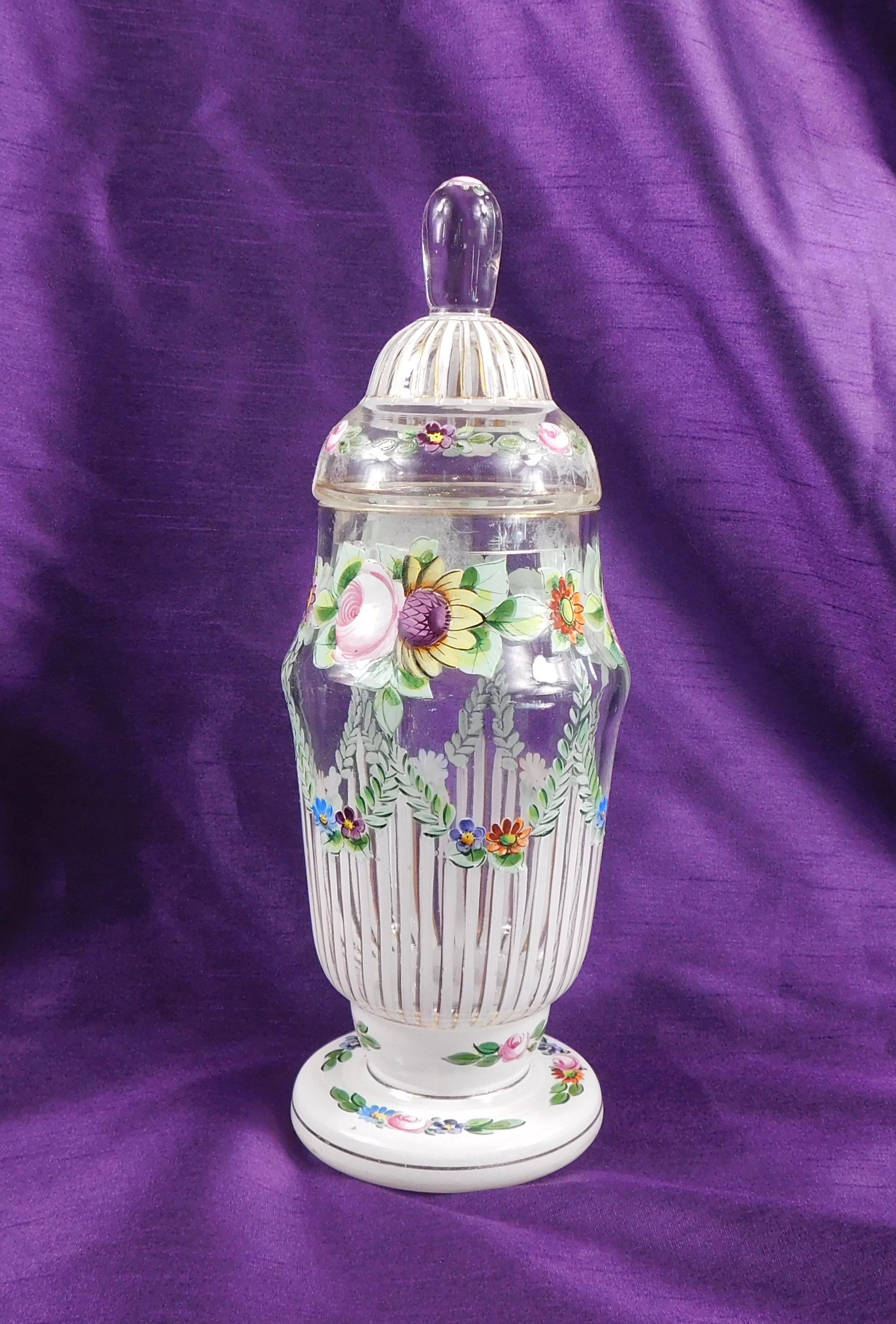 Clear Glass Footed Apothecary Jar with Floral Details and Matching Lid # 27081