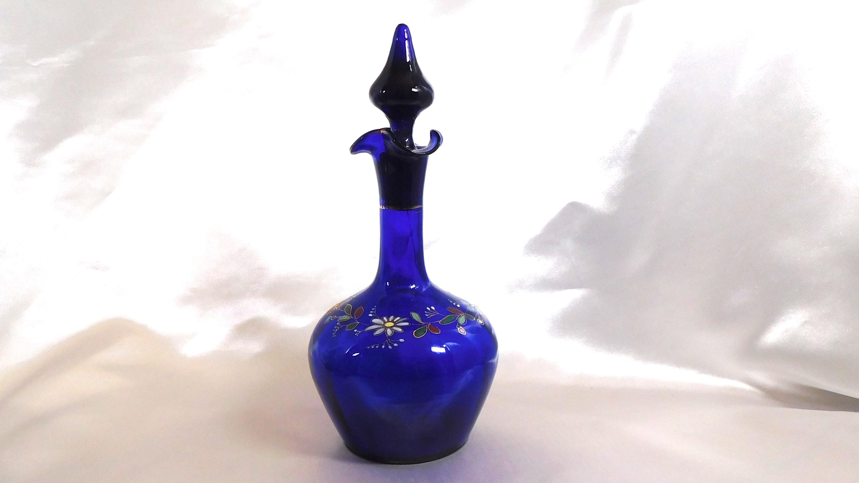 Blue Glass Bottle with  Flowers # 25169