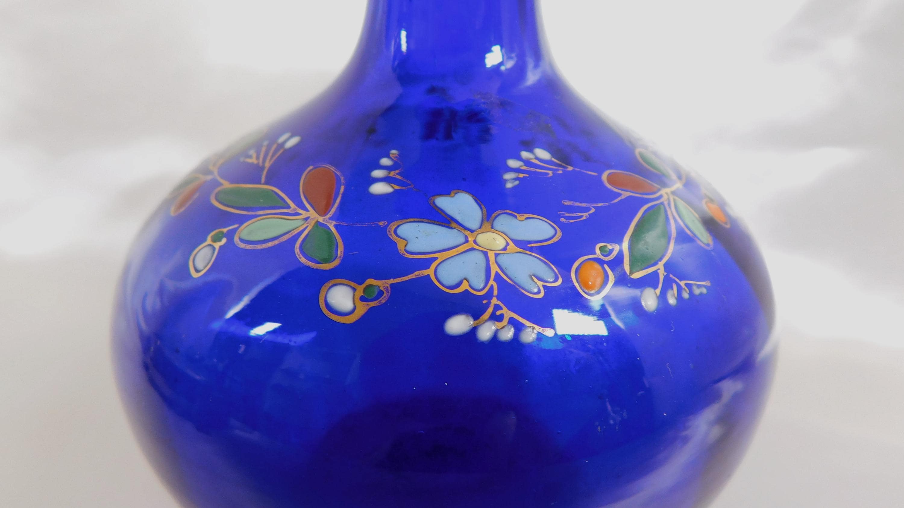 Blue Glass Bottle with  Flowers # 25169