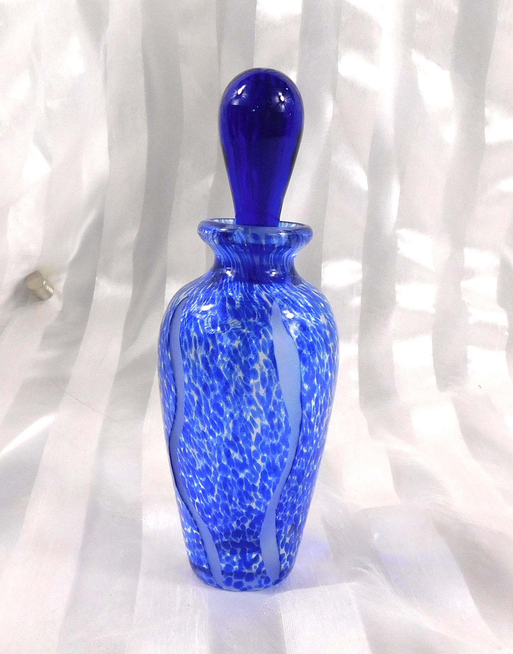 Blue Speckled Art Glass Perfume Bottle with Cut Frosted Lines # 27103