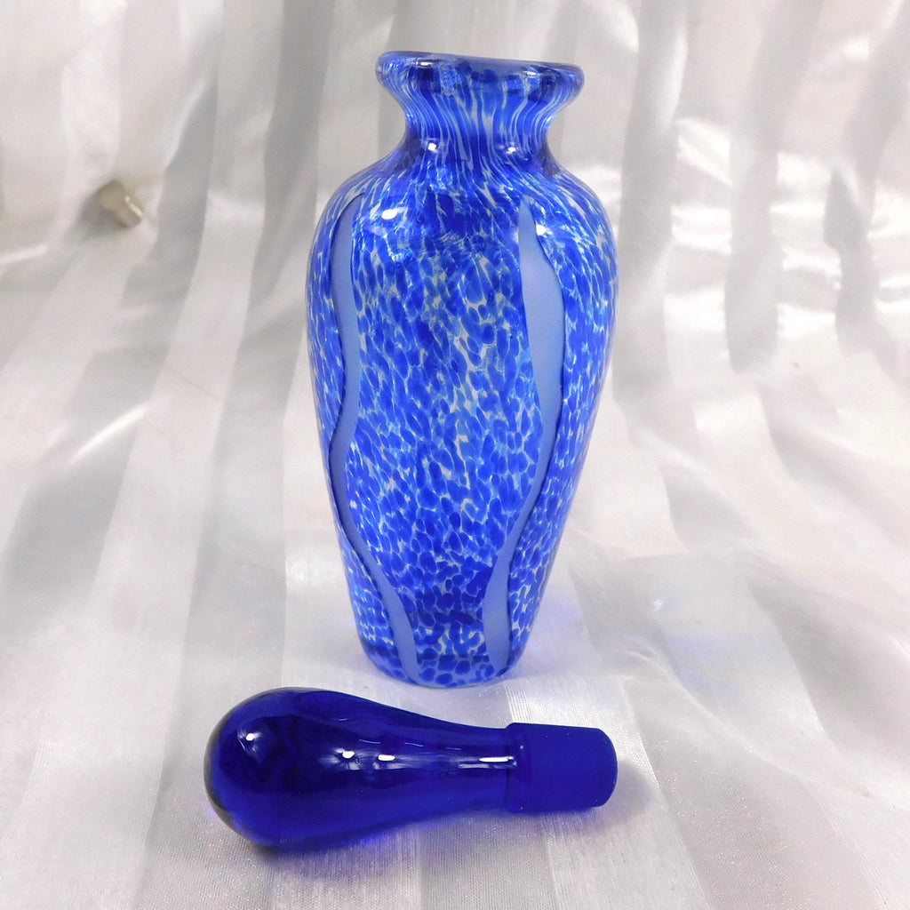 Blue Speckled Art Glass Perfume Bottle with Cut Frosted Lines # 27103