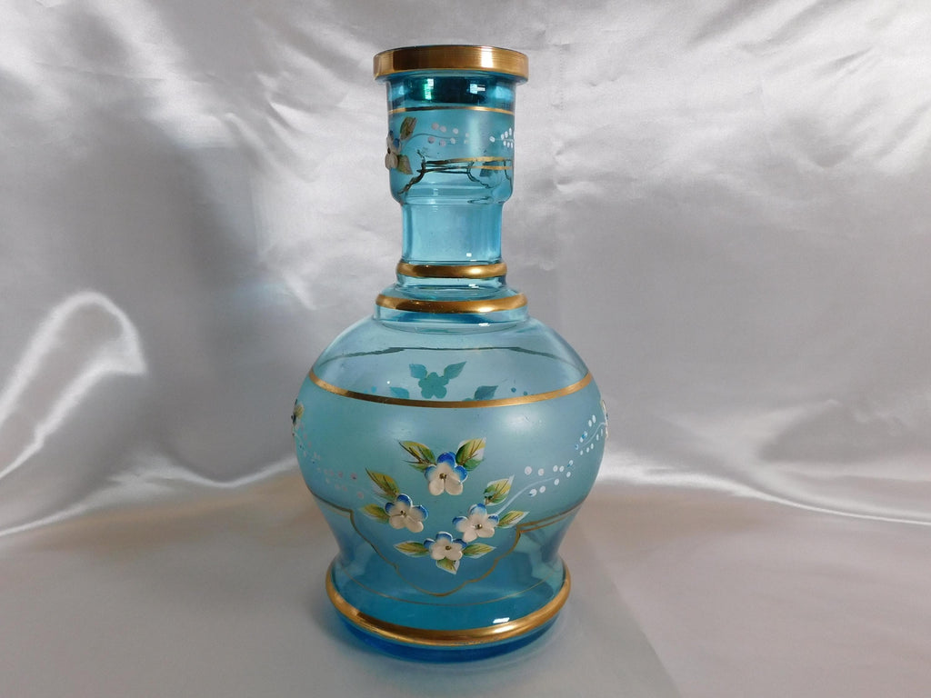Blue Glass Vase or Jug with Dimensional Flowers # 24808