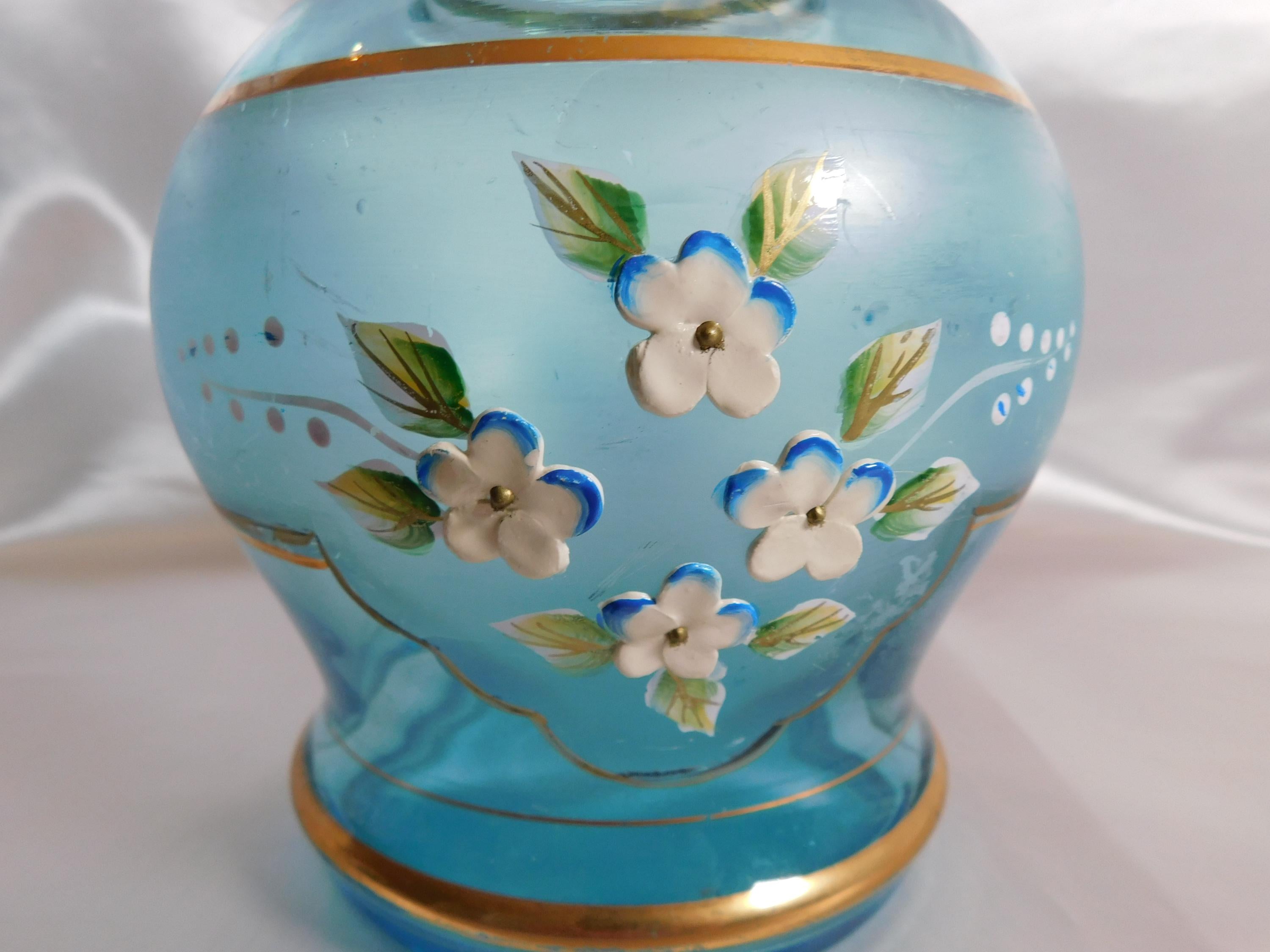 Blue Glass Vase or Jug with Dimensional Flowers # 24808
