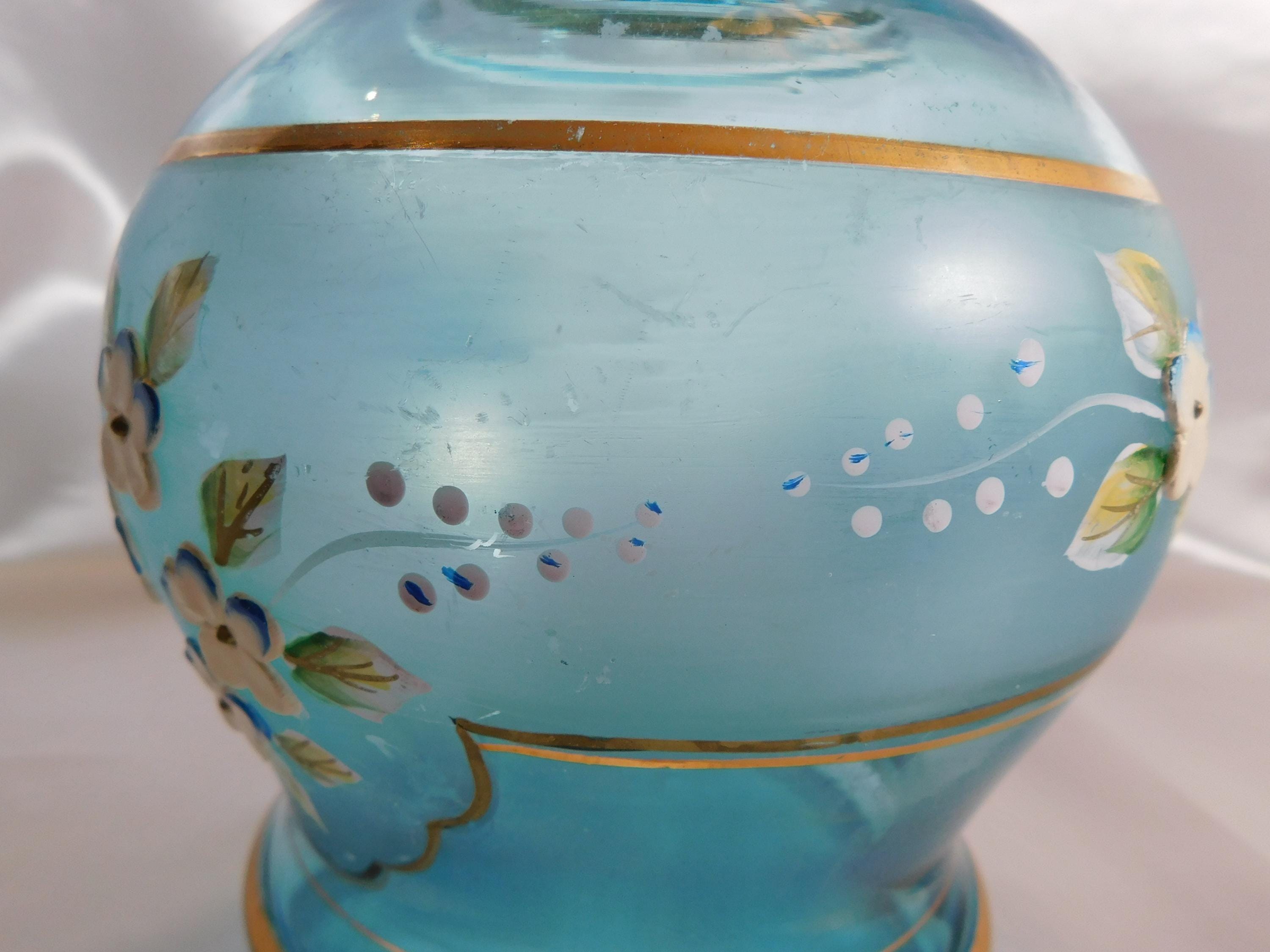 Blue Glass Vase or Jug with Dimensional Flowers # 24808
