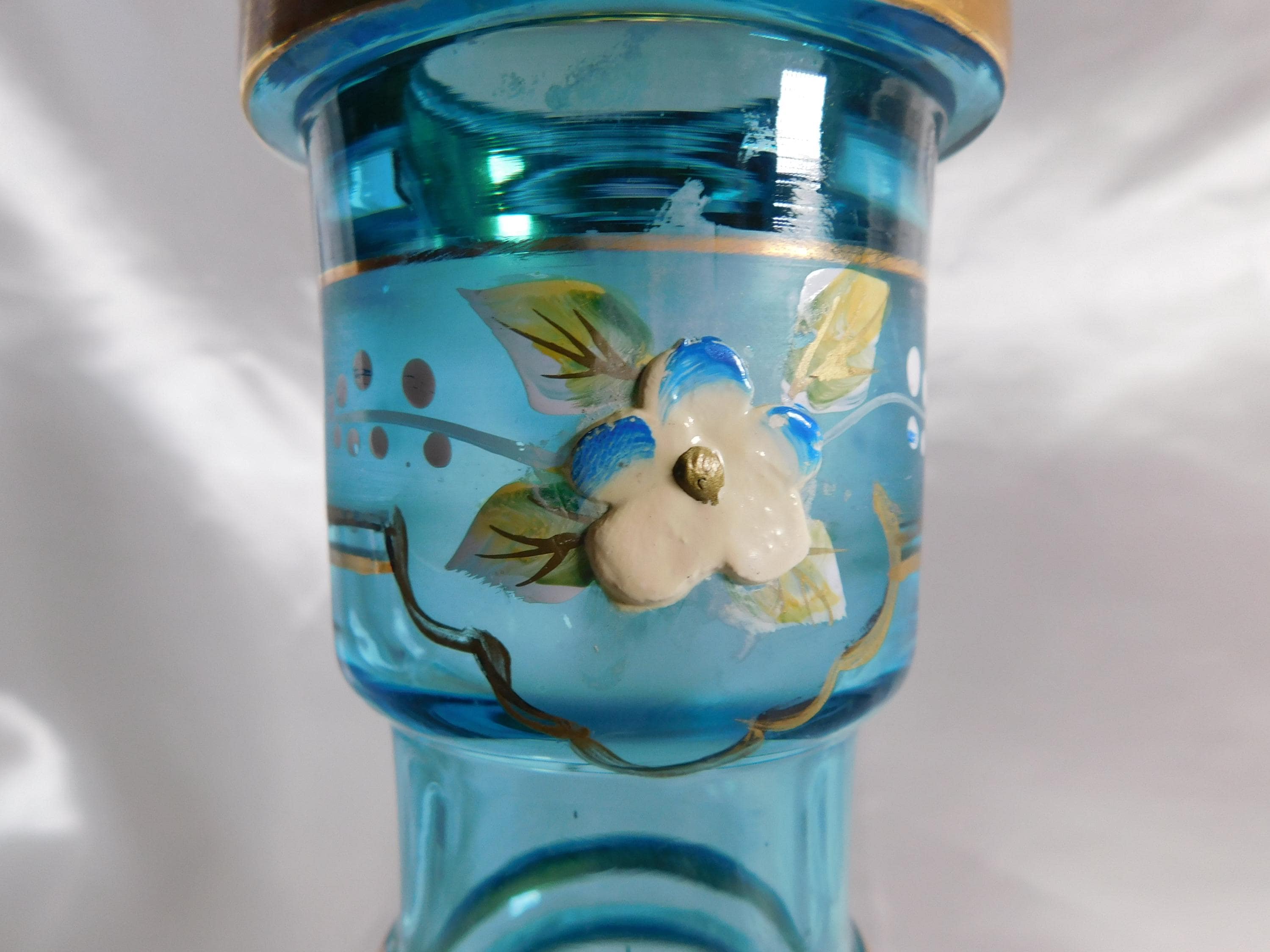 Blue Glass Vase or Jug with Dimensional Flowers # 24808