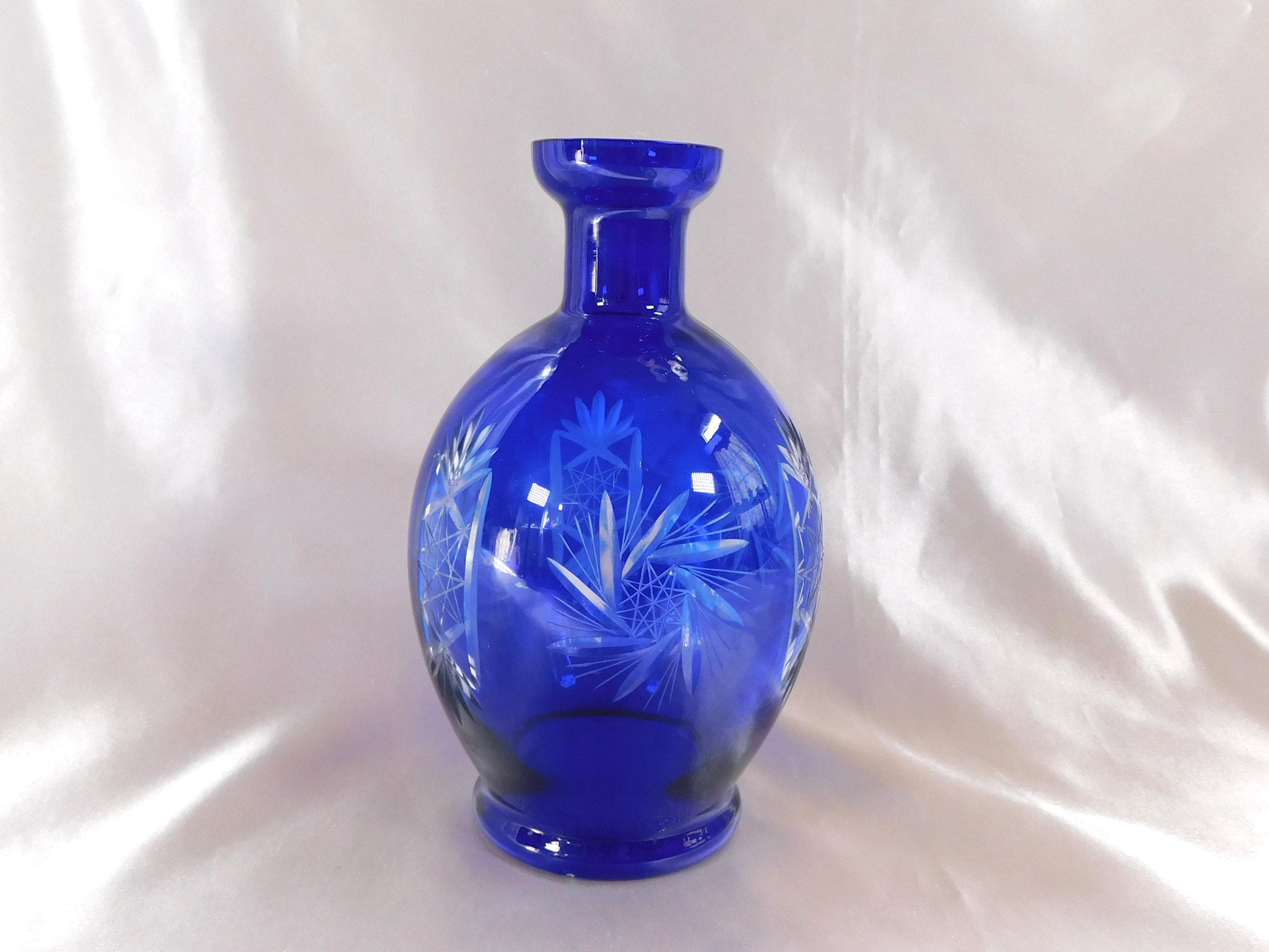 Cobalt Blue Cut to Clear Glass Vase # 25338