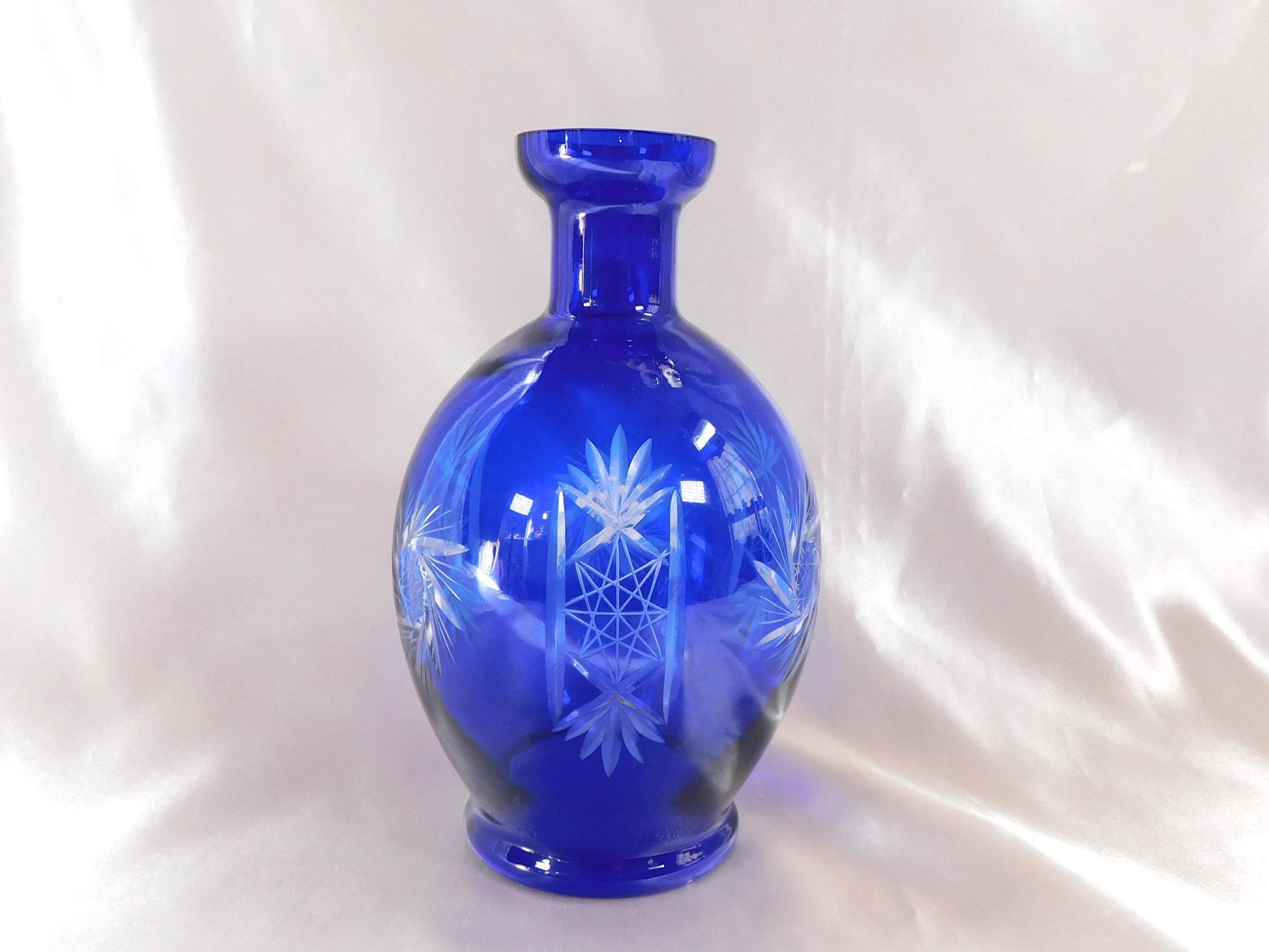 Cobalt Blue Cut to Clear Glass Vase # 25338