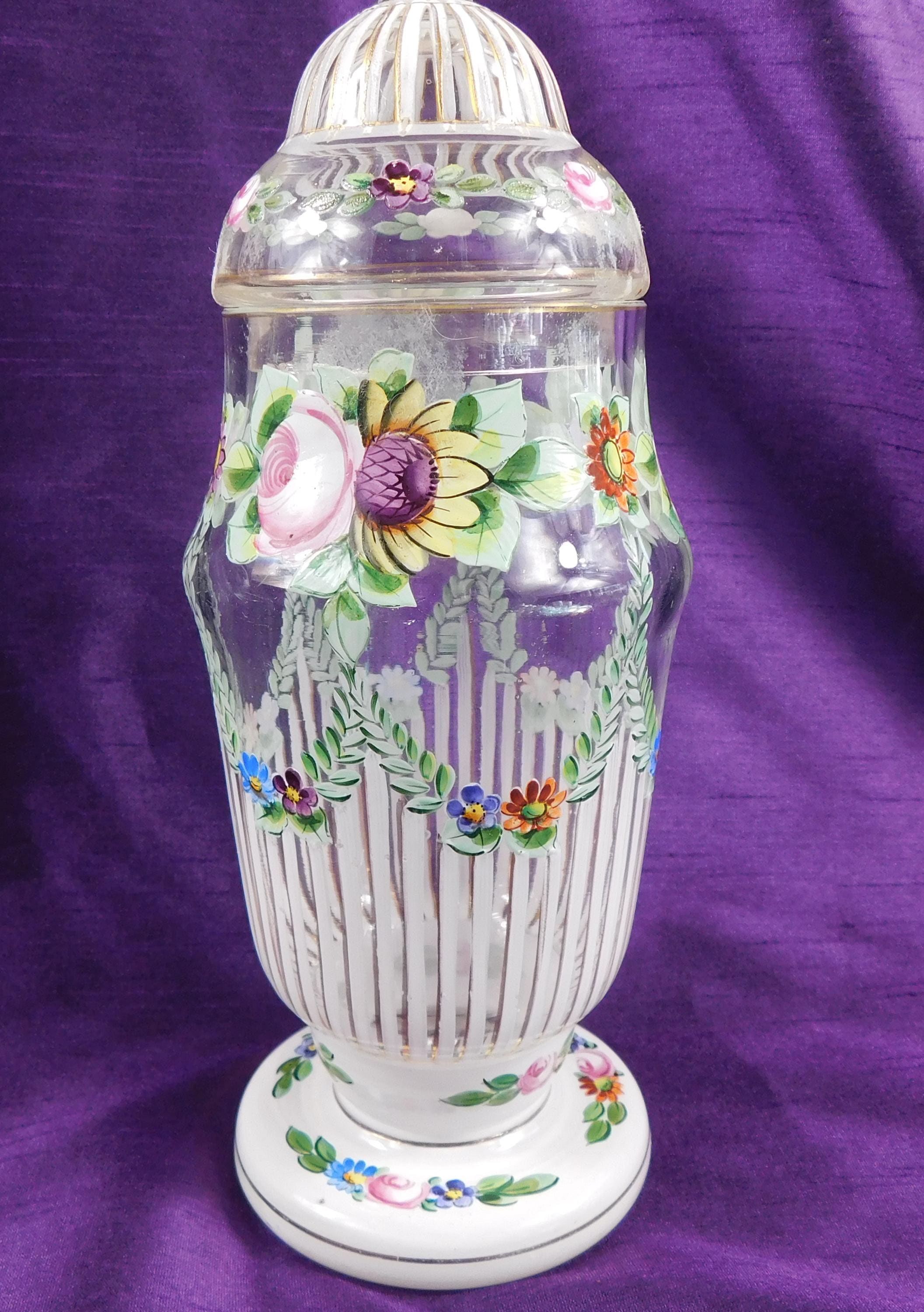 Clear Glass Footed Apothecary Jar with Floral Details and Matching Lid # 27081