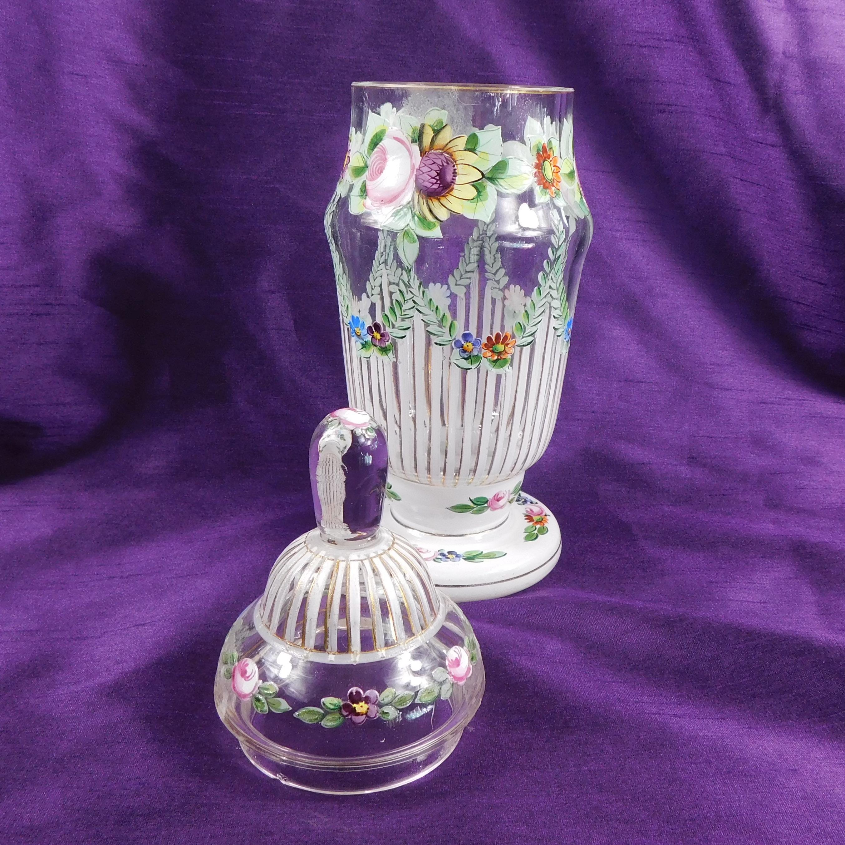 Clear Glass Footed Apothecary Jar with Floral Details and Matching Lid # 27081