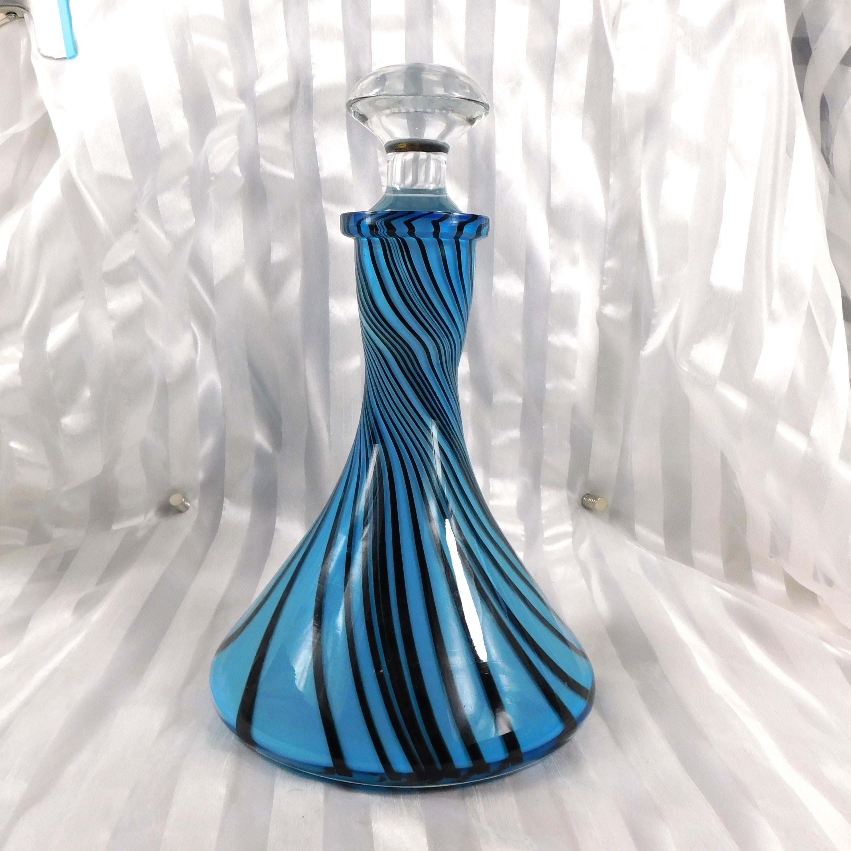 Blue and Black Striped Wide Bottom Decanter or Vase # 27159