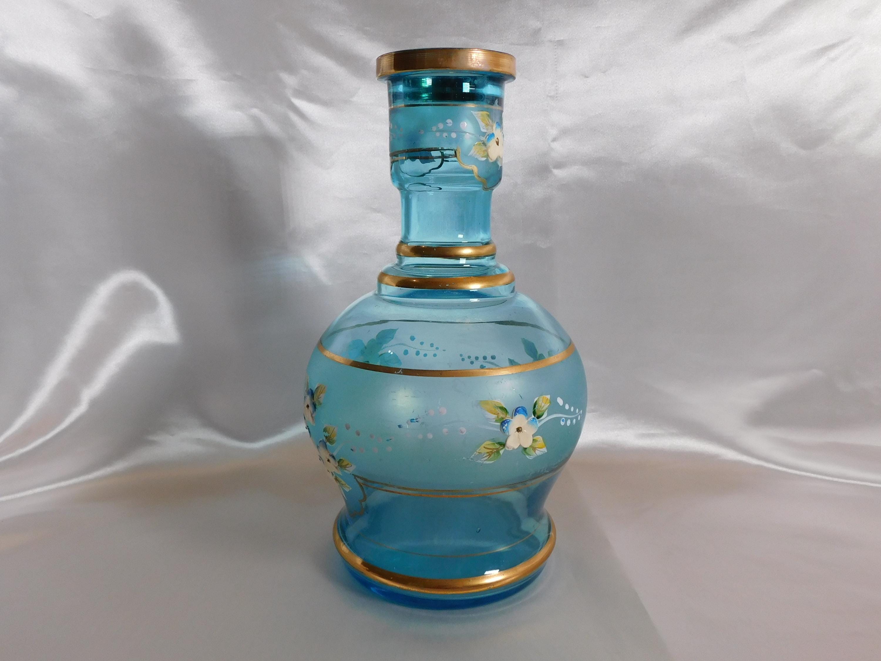 Blue Glass Vase or Jug with Dimensional Flowers # 24808
