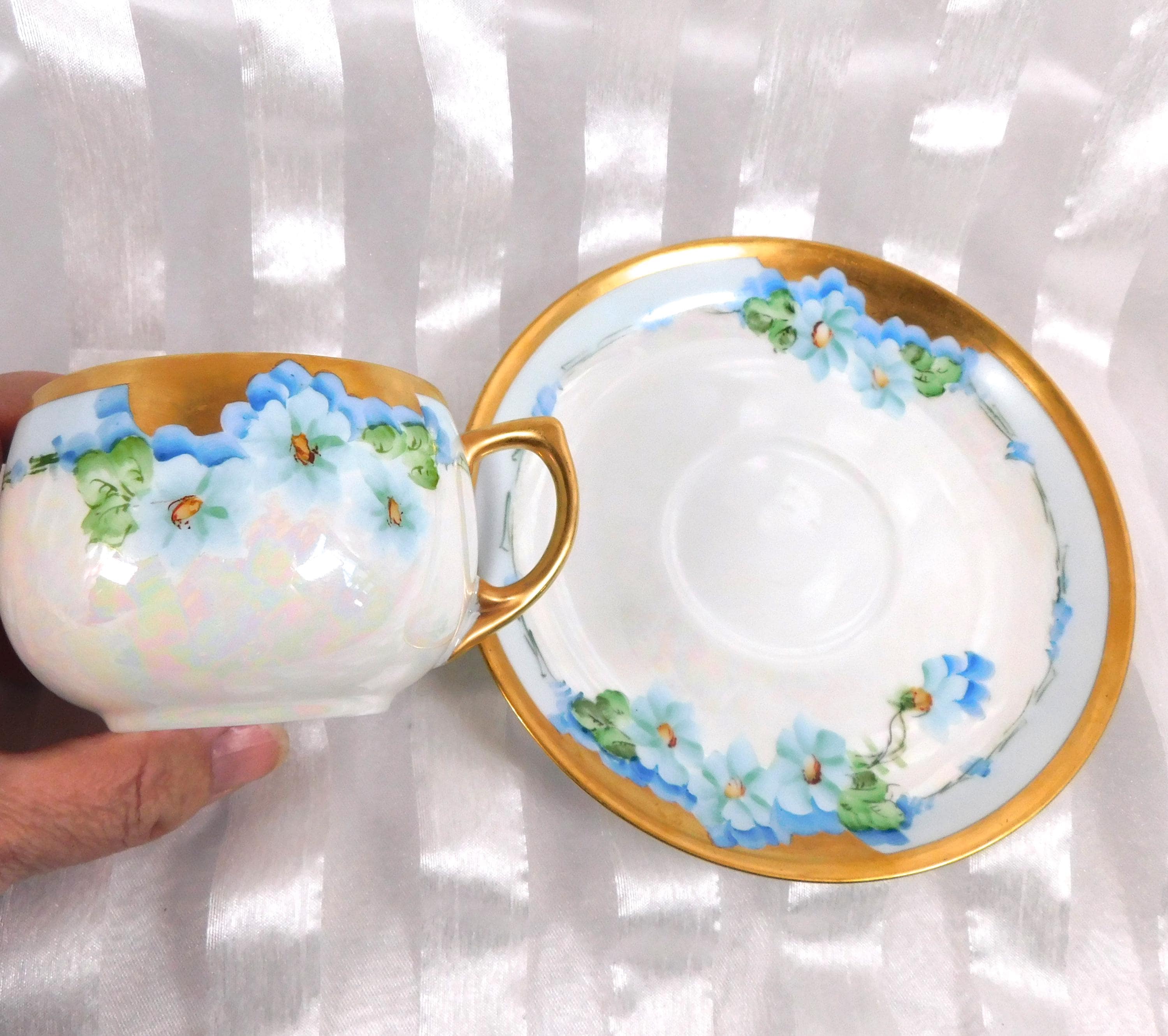 Blue Floral Teacup and Saucer with Gold Trim # 26310