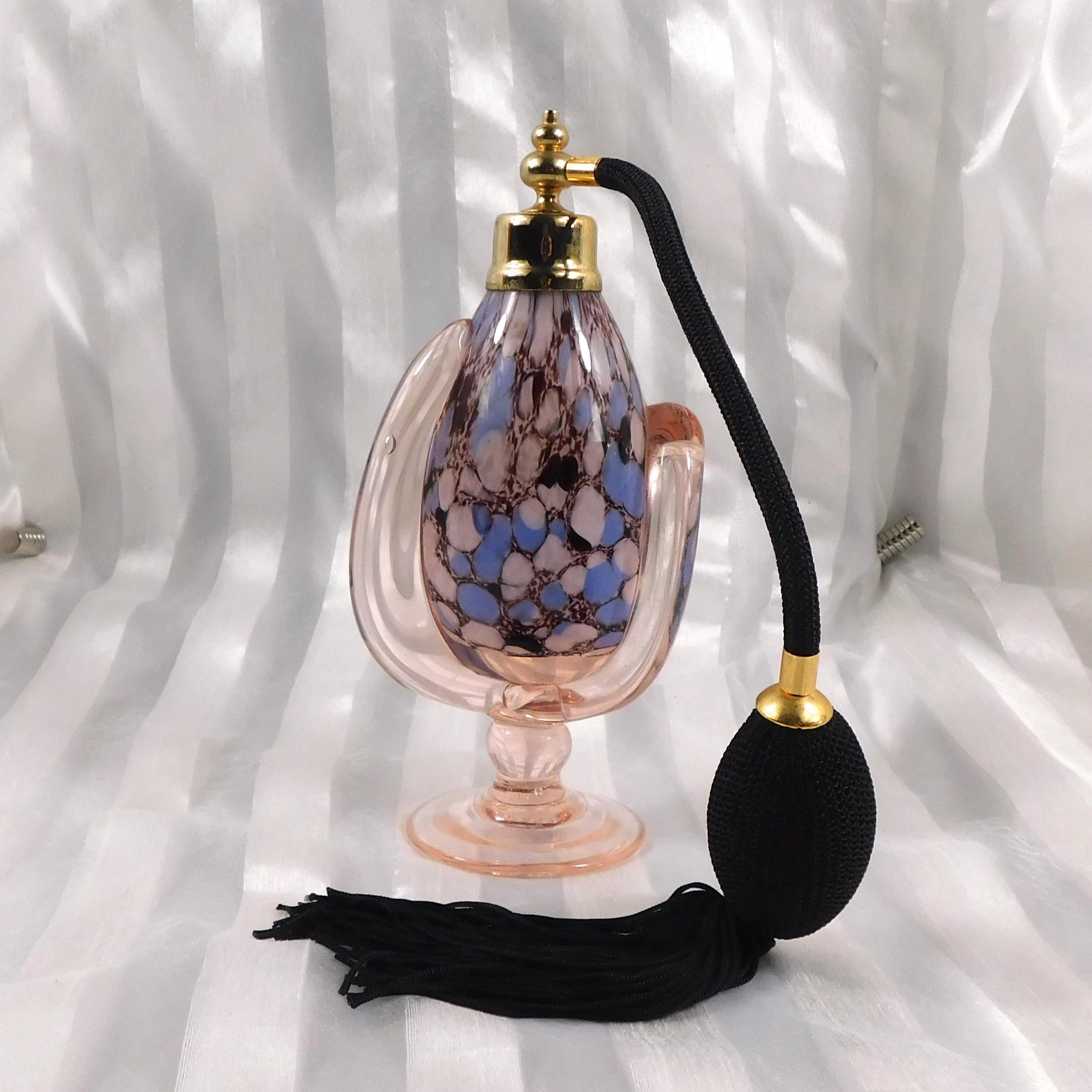 Blue Black and White Perfume Atomizer Cased in Pink Glass # 26977
