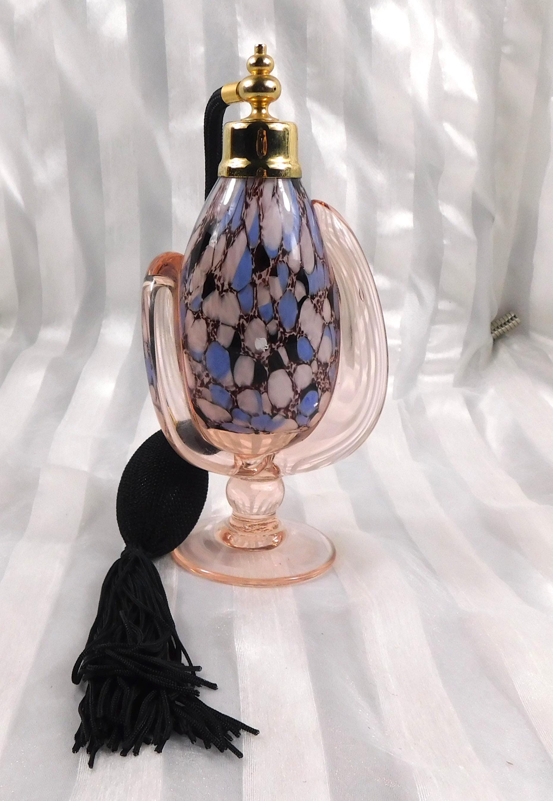 Blue Black and White Perfume Atomizer Cased in Pink Glass # 26977