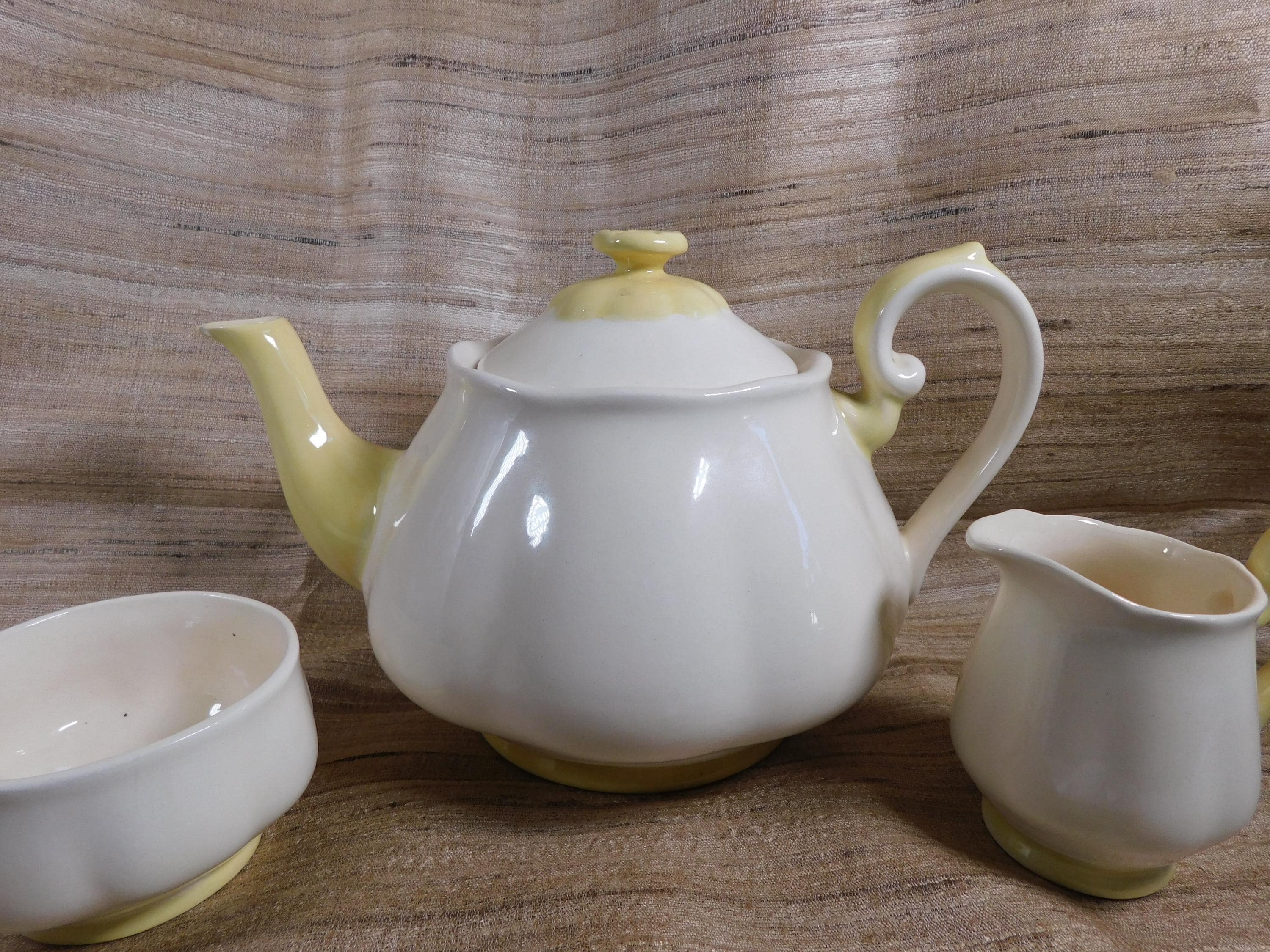 Arnels White Yellow Teapot Sugar and Creamer Set # 26298