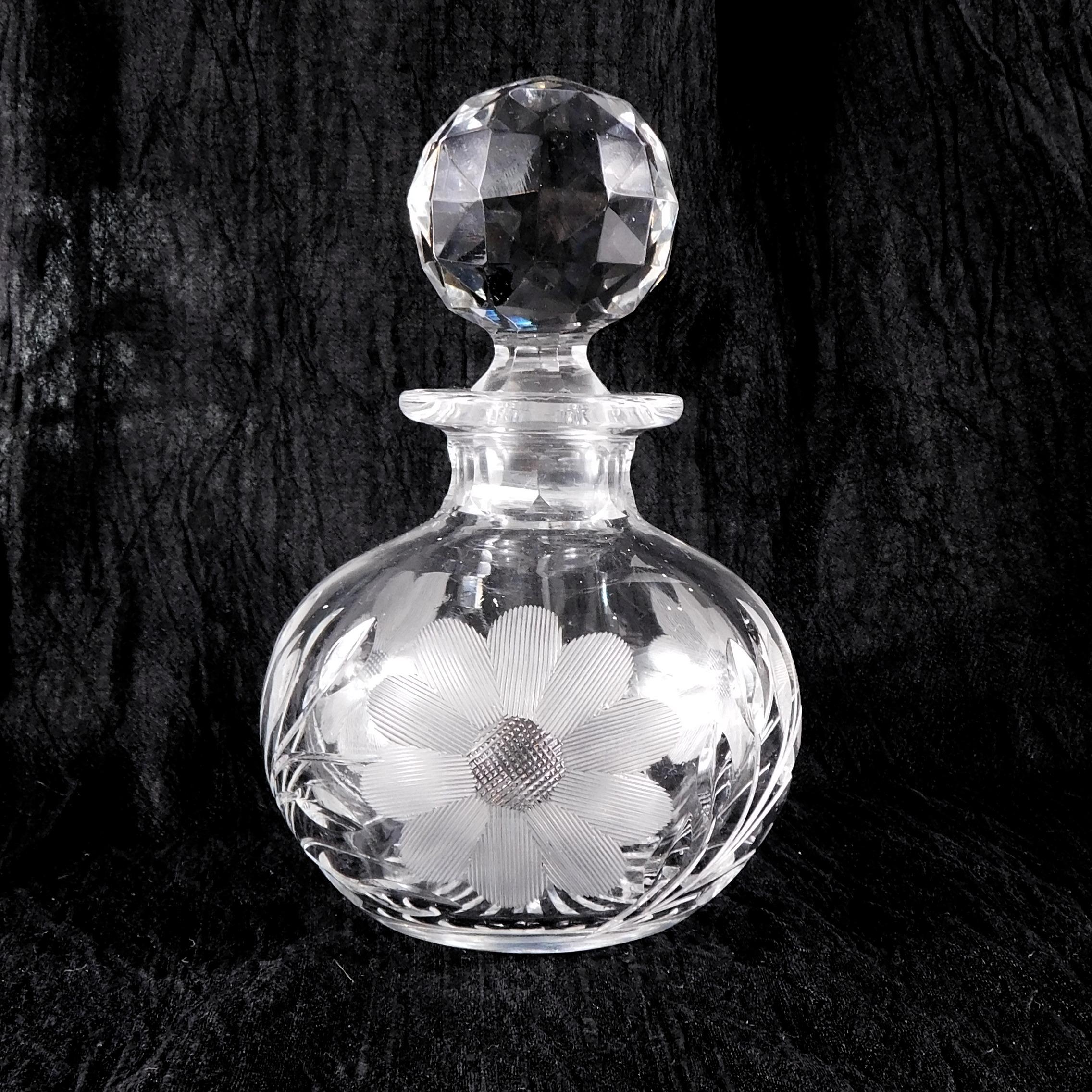 Clear Glass Perfume Bottle with Cut Flower Design # 27292