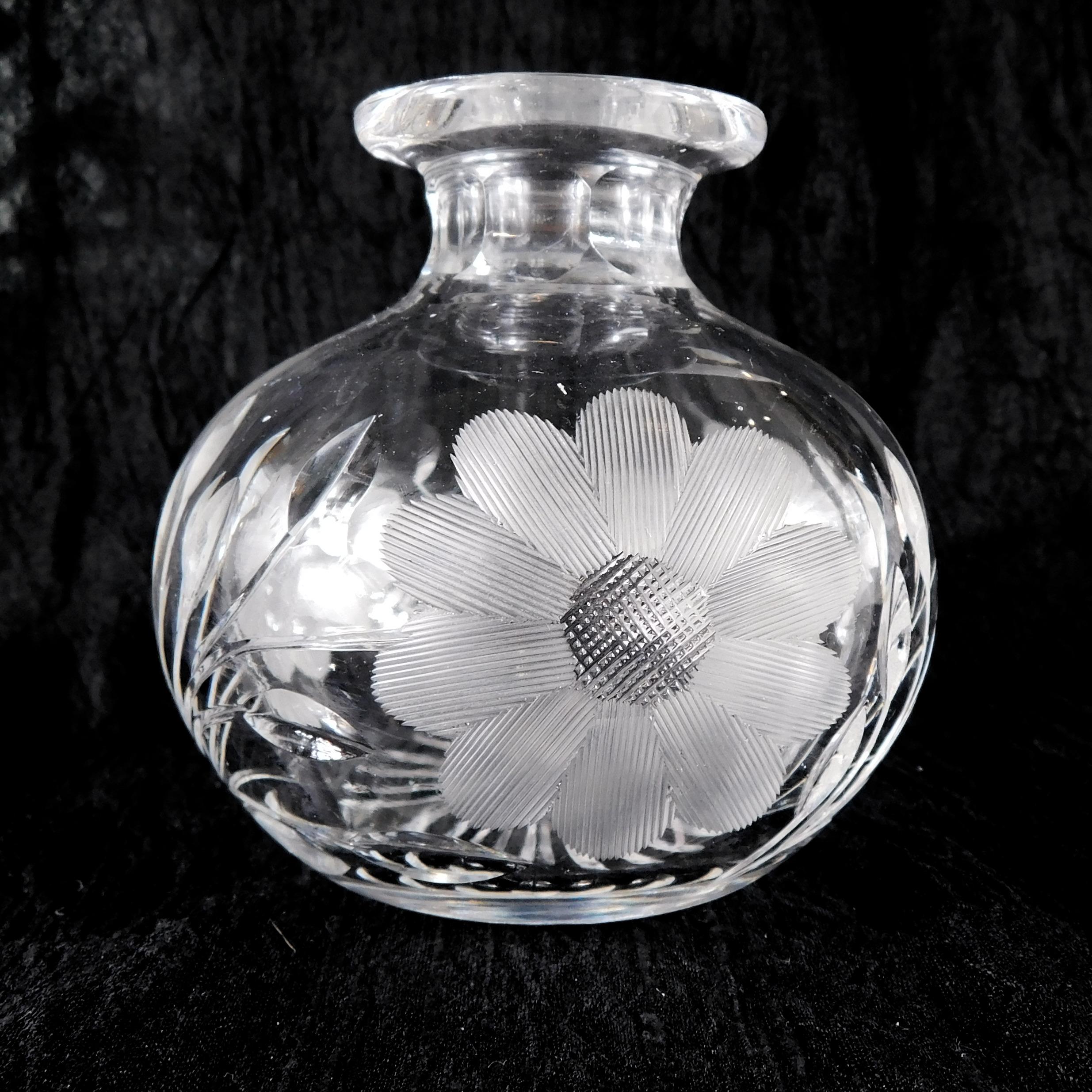 Clear Glass Perfume Bottle with Cut Flower Design # 27292