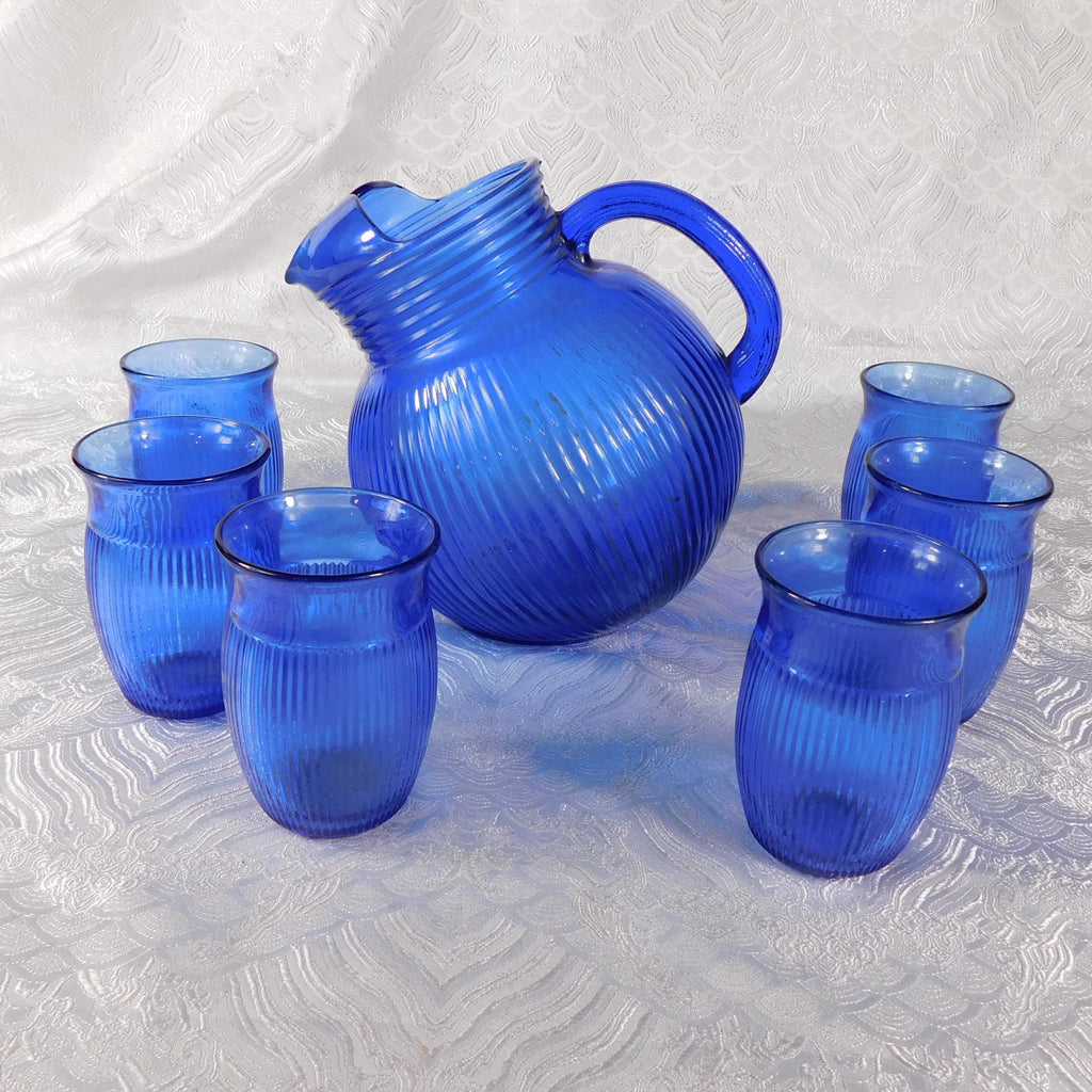 Blue Ribbed Glass Jug or Pitcher with Six Matching Glasses # 27425