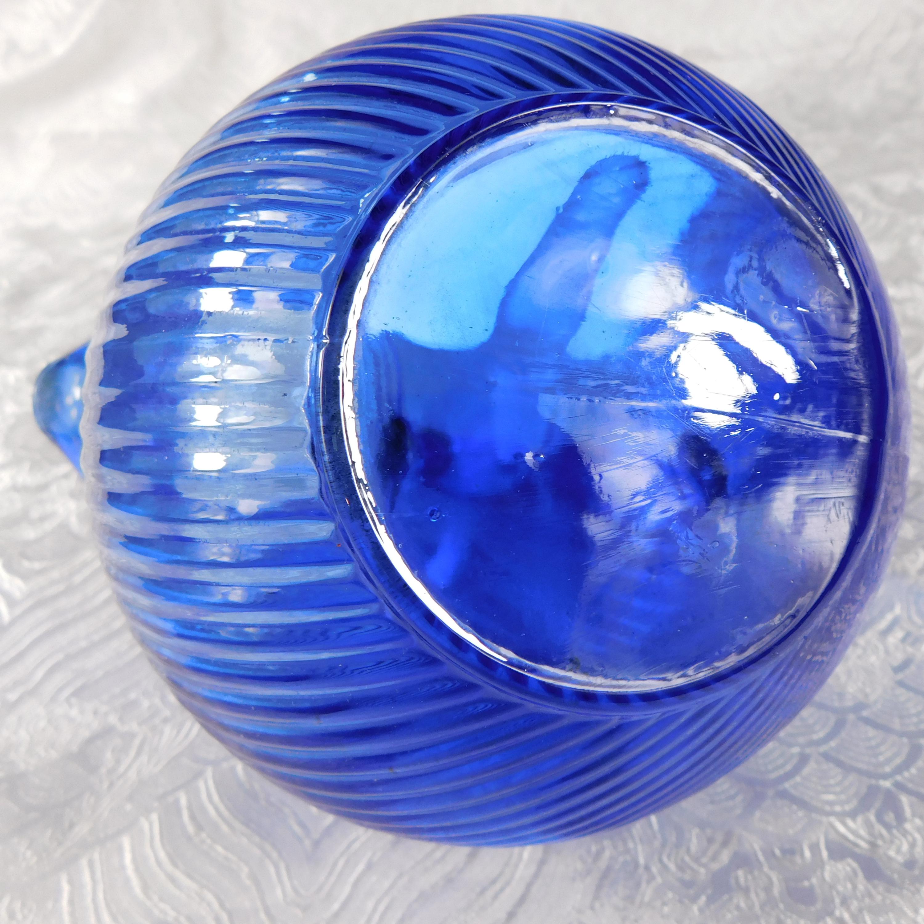 Blue Ribbed Glass Jug or Pitcher with Six Matching Glasses # 27425
