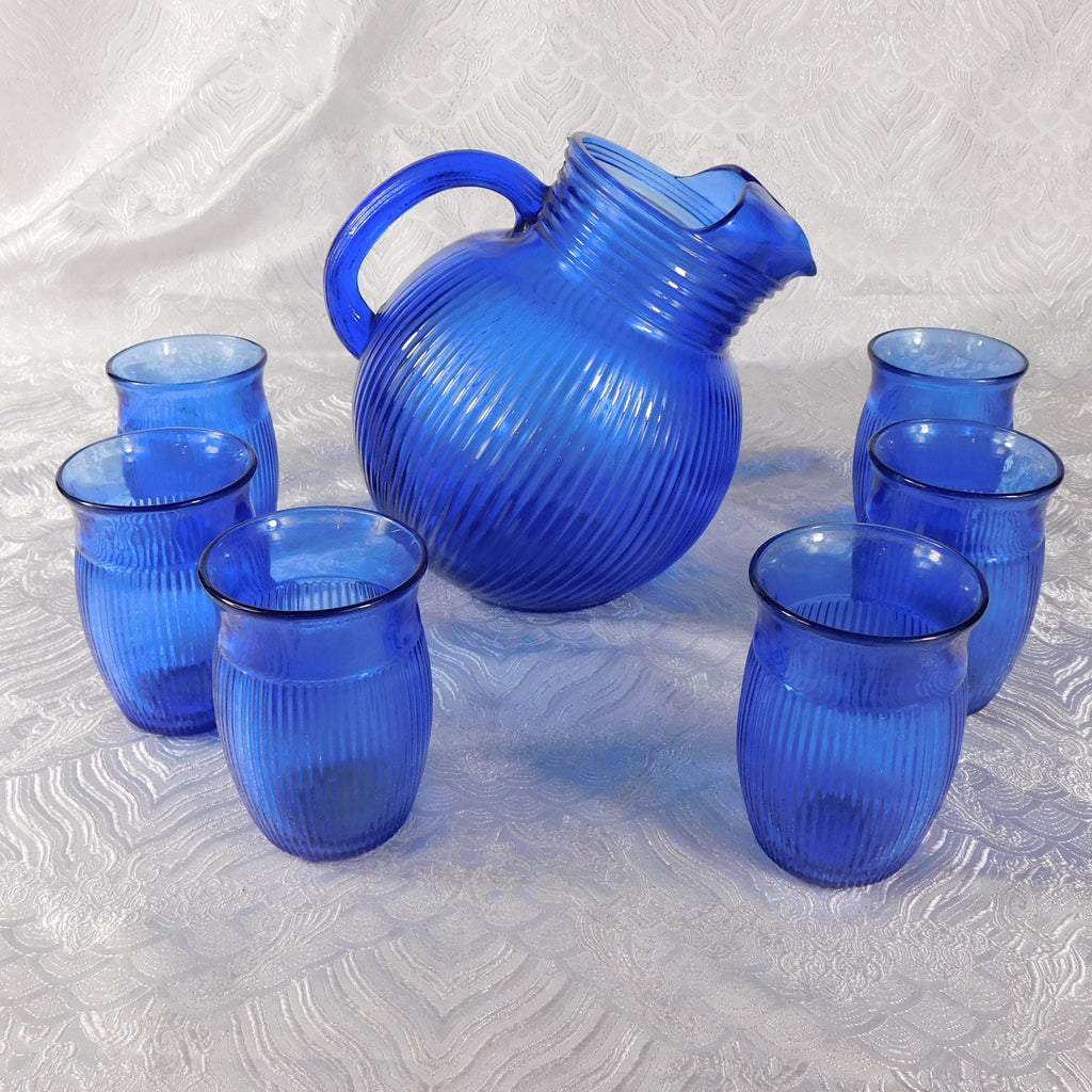 Blue Ribbed Glass Jug or Pitcher with Six Matching Glasses # 27425