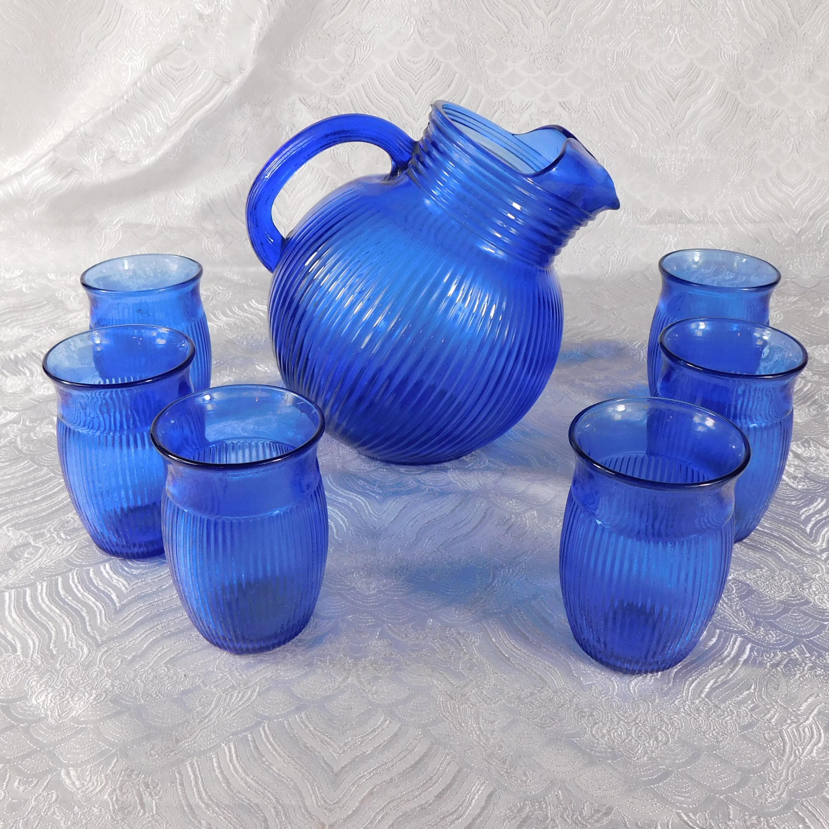 Blue Ribbed Glass Jug or Pitcher with Six Matching Glasses # 27425